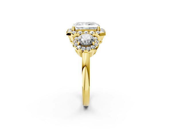 Yellow gold Radiant Cut Diamond Three-Stone Halo Ring with Prong Setting and Pavé Accents