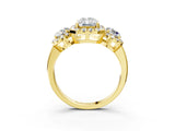 Yellow gold Radiant Cut Diamond Three-Stone Halo Ring with Prong Setting and Pavé Accents_12