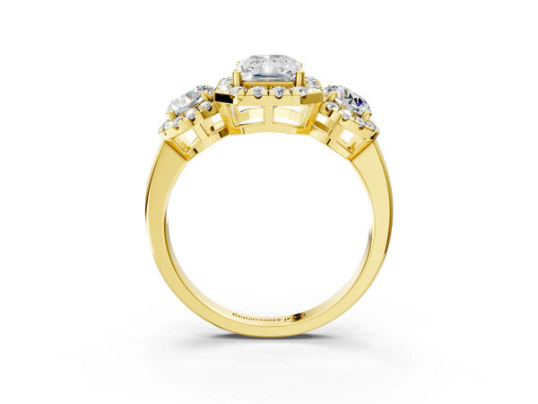 Yellow gold Radiant Cut Diamond Three-Stone Halo Ring with Prong Setting and Pavé Accents