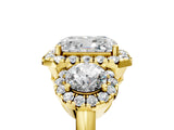 Yellow gold Radiant Cut Diamond Three-Stone Halo Ring with Prong Setting and Pavé Accents_14