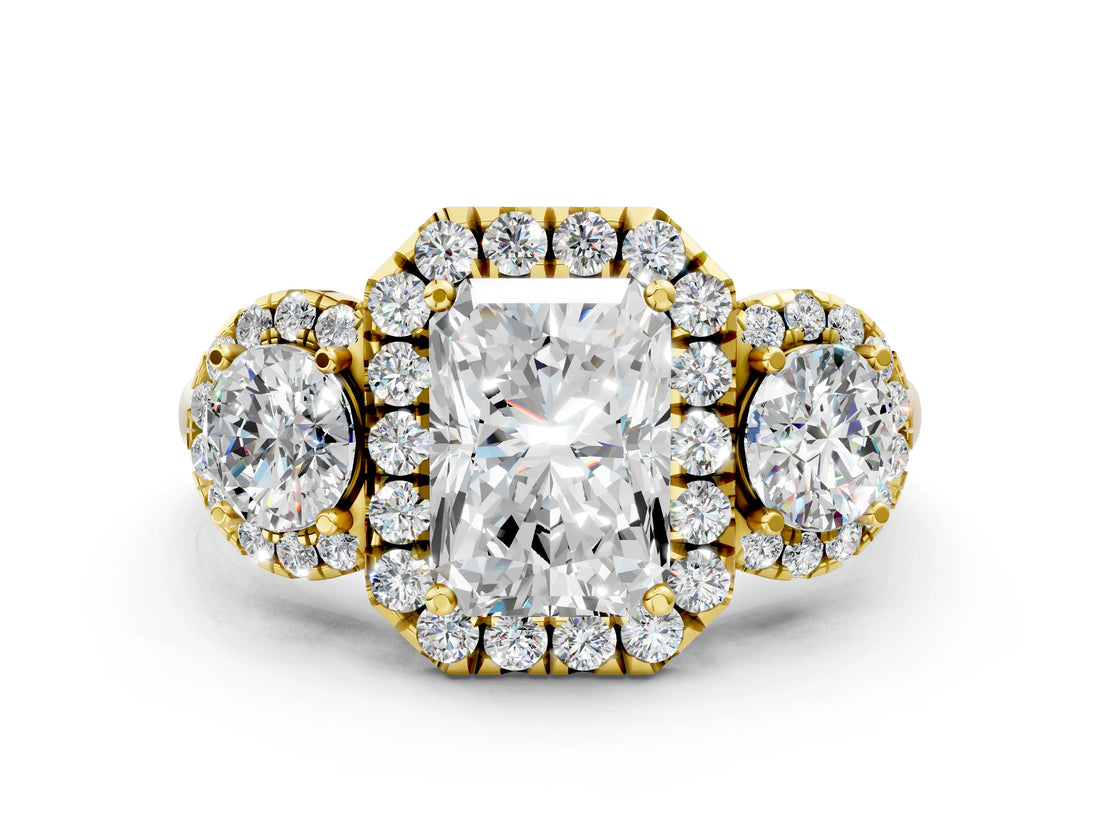 Yellow gold Radiant Cut Diamond Three-Stone Halo Ring with Prong Setting and Pavé Accents_9