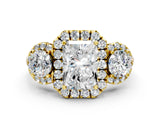 Yellow gold Radiant Cut Diamond Three-Stone Halo Ring with Prong Setting and Pavé Accents_9