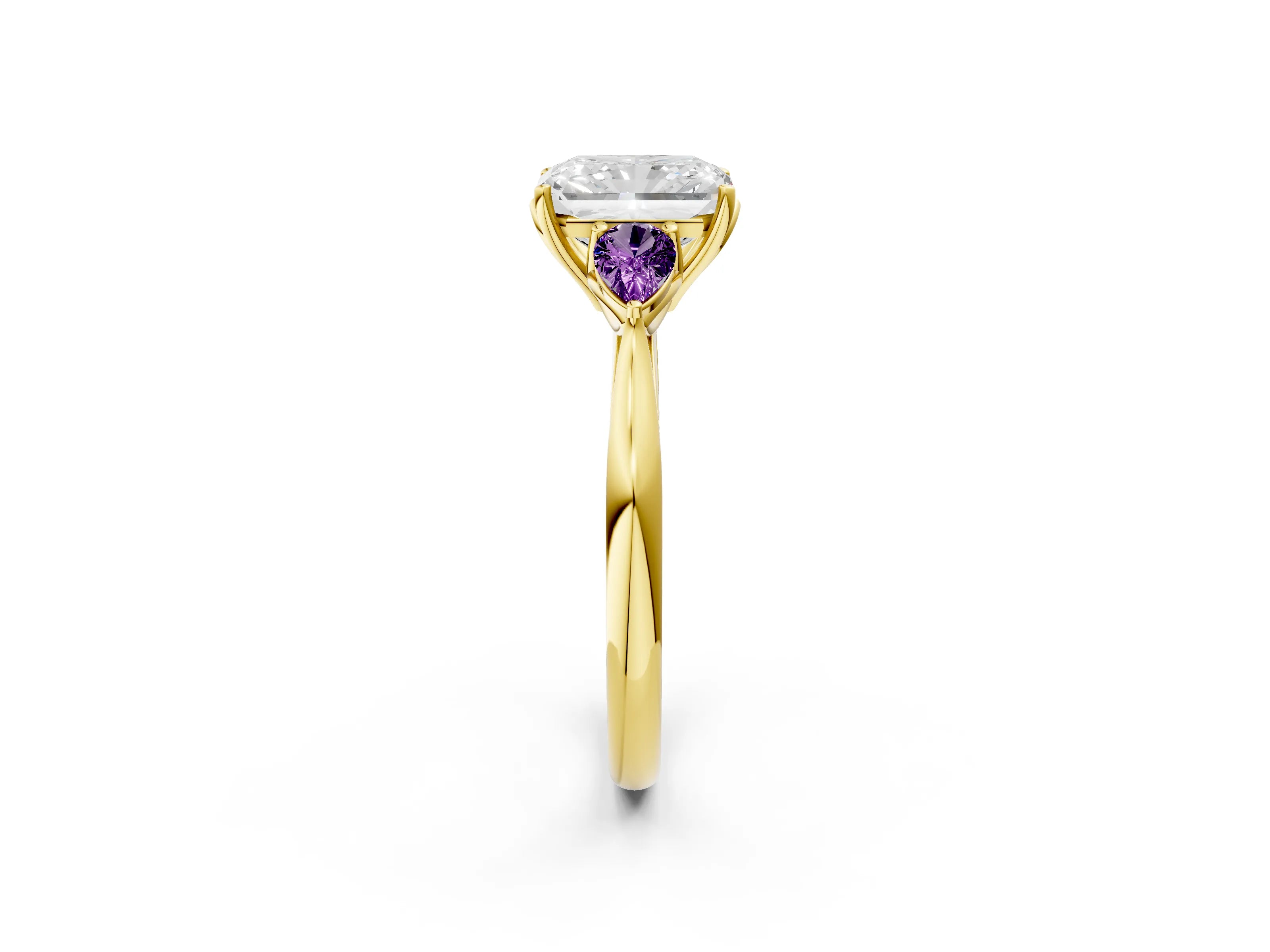 Yellow gold Radiant Cut Diamond Three-Stone Ring with Pear with Amethyst side stone Side Stones and Prong Setting_2