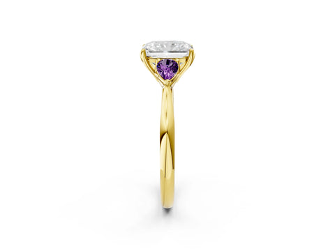 Yellow gold Radiant Cut Diamond Three-Stone Ring with Pear with Amethyst side stone Side Stones and Prong Setting_2