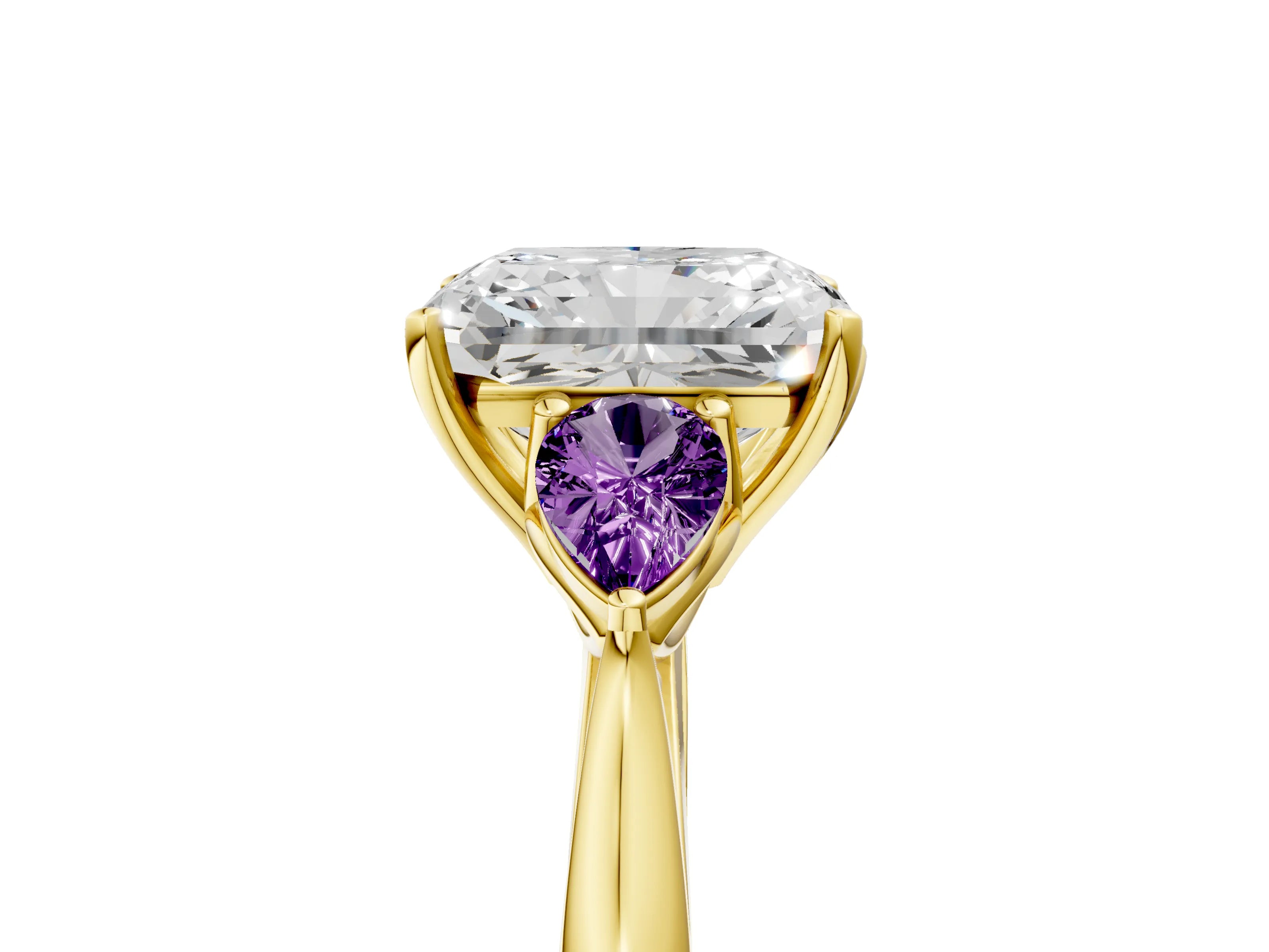 Yellow gold Radiant Cut Diamond Three-Stone Ring with Pear with Amethyst side stone Side Stones and Prong Setting_5