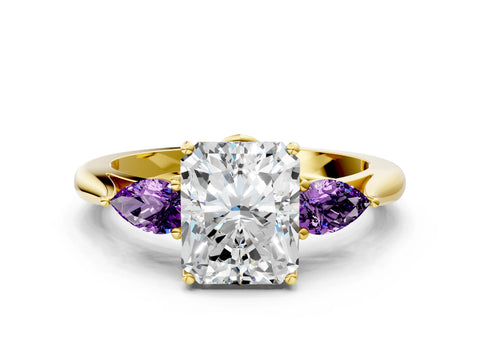 Yellow gold Radiant Cut Diamond Three-Stone Ring with Pear with Amethyst side stone Side Stones and Prong Setting