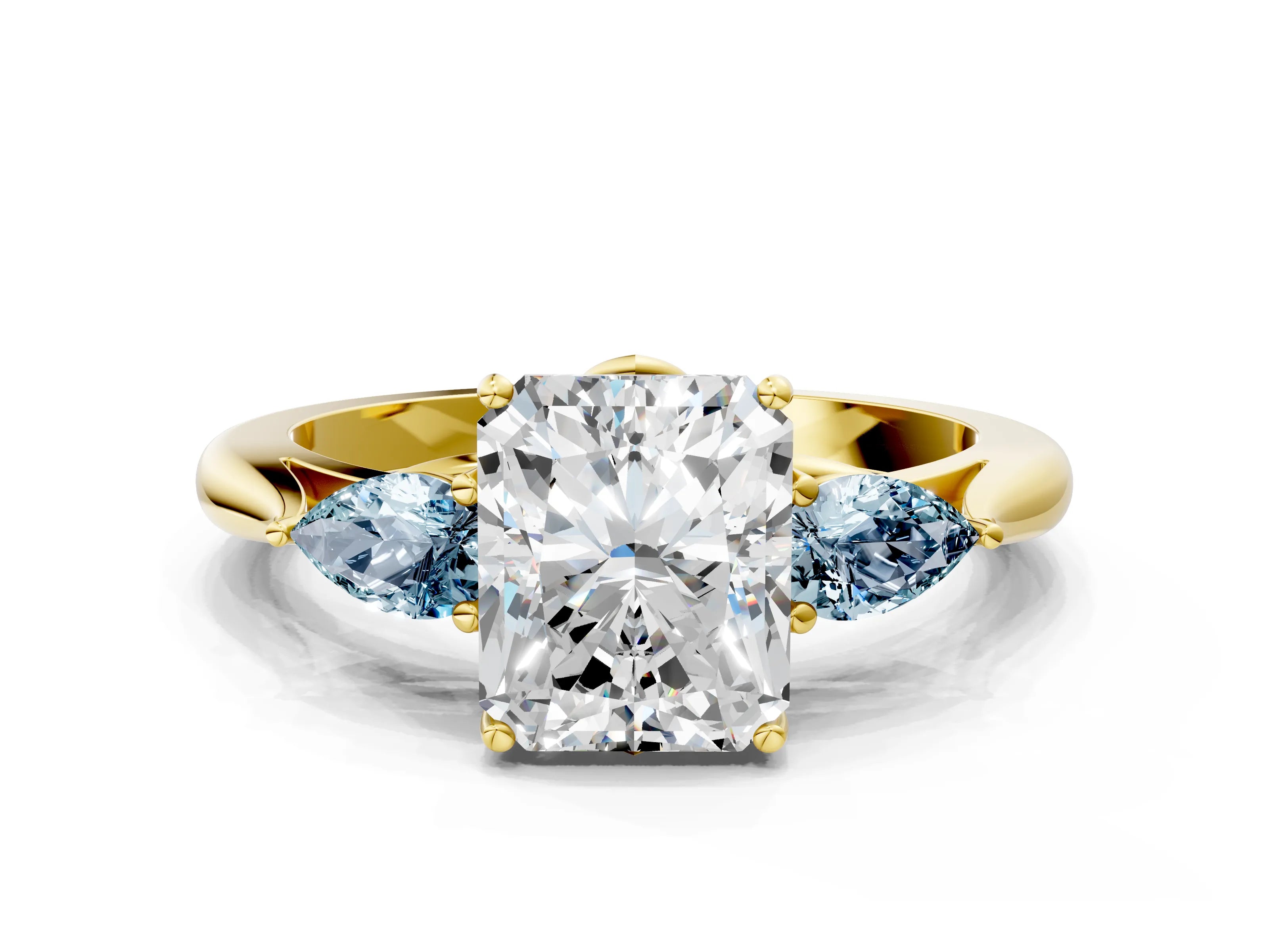 Yellow gold Radiant Cut Diamond Three-Stone Ring with Pear with Aquamarine side stone Side Stones and Prong Setting