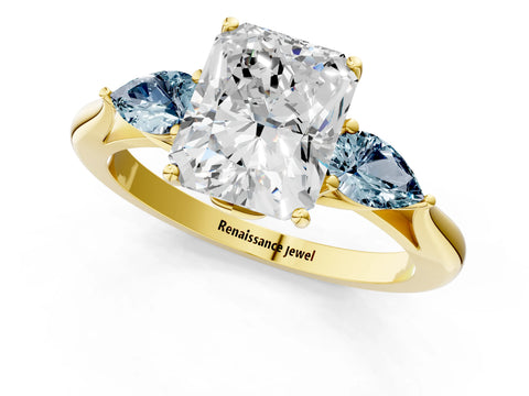 Yellow gold Radiant Cut Diamond Three-Stone Ring with Pear with Aquamarine side stone Side Stones and Prong Setting_1