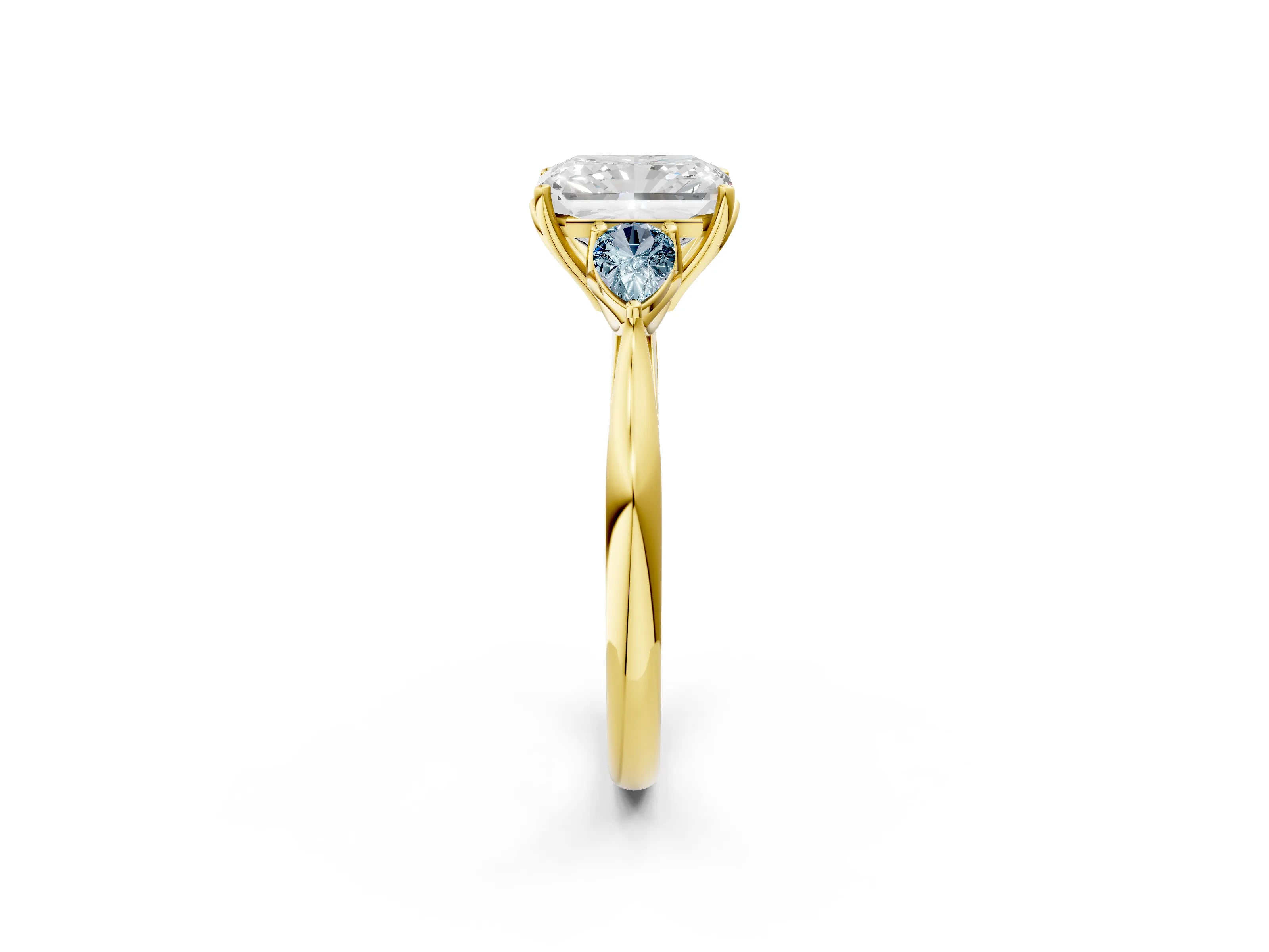 Yellow gold Radiant Cut Diamond Three-Stone Ring with Pear with Aquamarine side stone Side Stones and Prong Setting_2