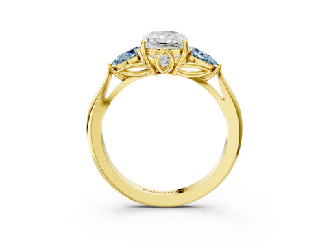 Yellow gold Radiant Cut Diamond Three-Stone Ring with Pear with Aquamarine side stone Side Stones and Prong Setting_3