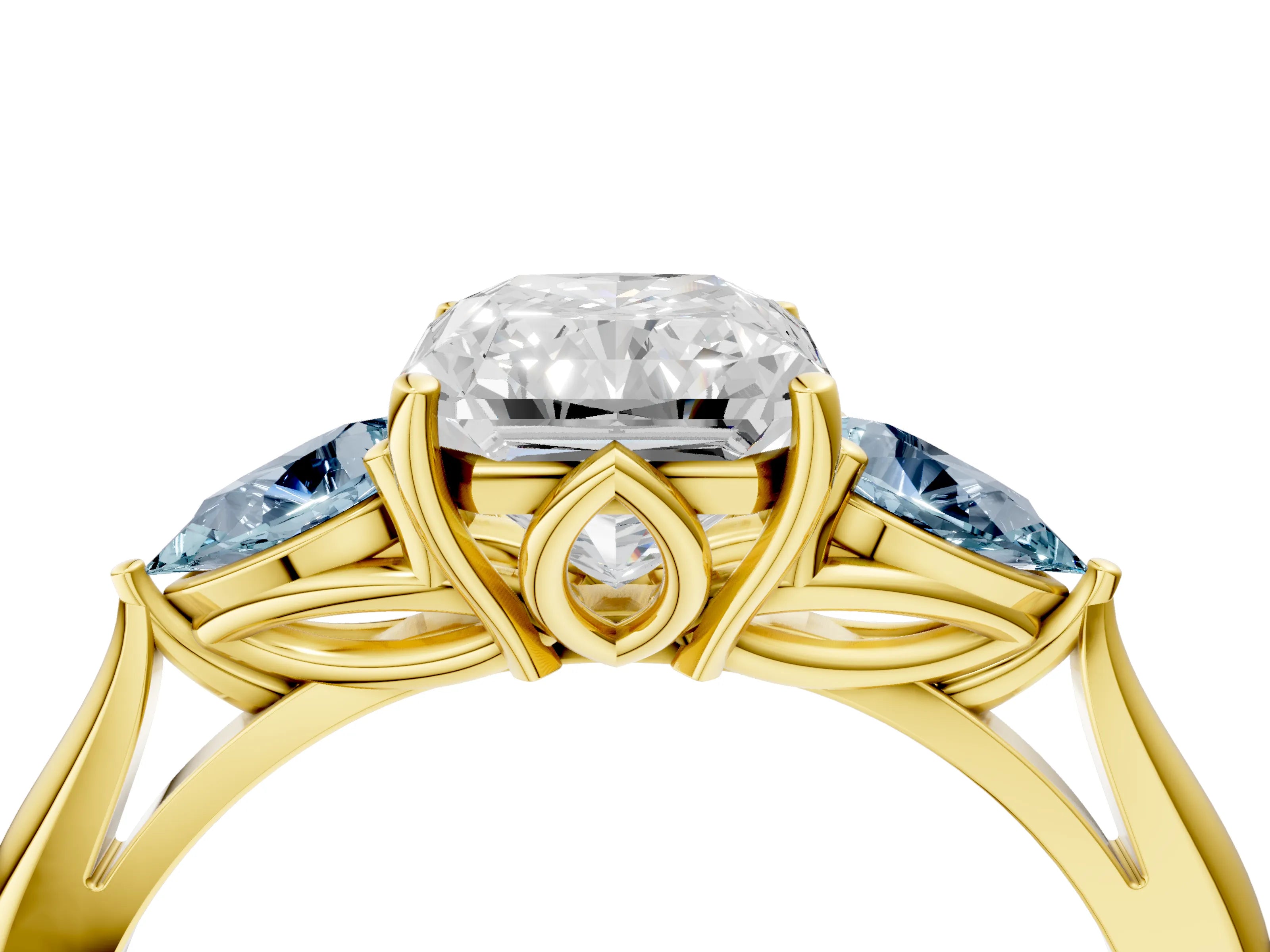 Yellow gold Radiant Cut Diamond Three-Stone Ring with Pear with Aquamarine side stone Side Stones and Prong Setting_4