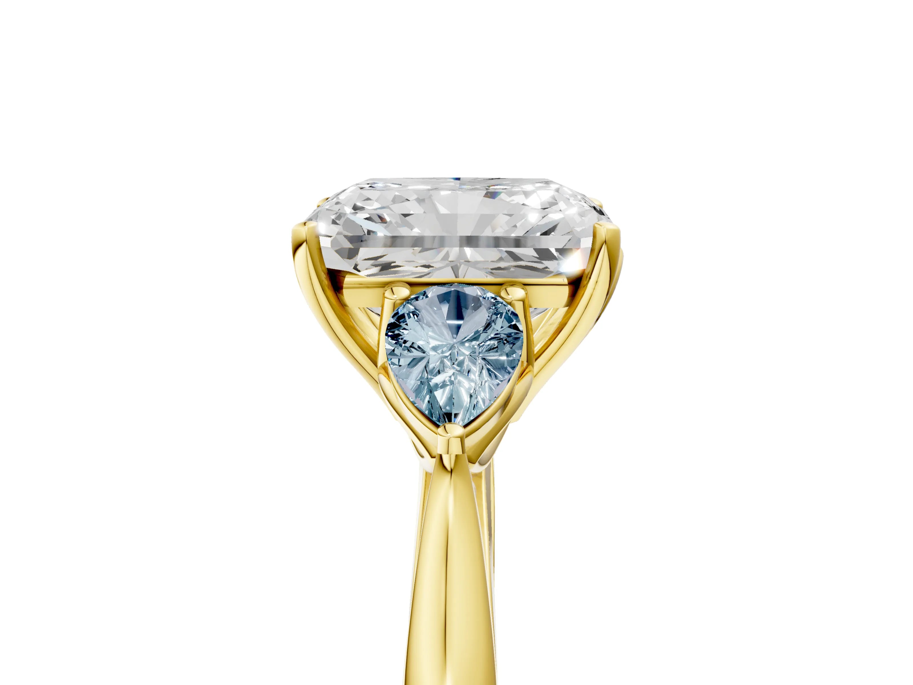 Yellow gold Radiant Cut Diamond Three-Stone Ring with Pear with Aquamarine side stone Side Stones and Prong Setting_5