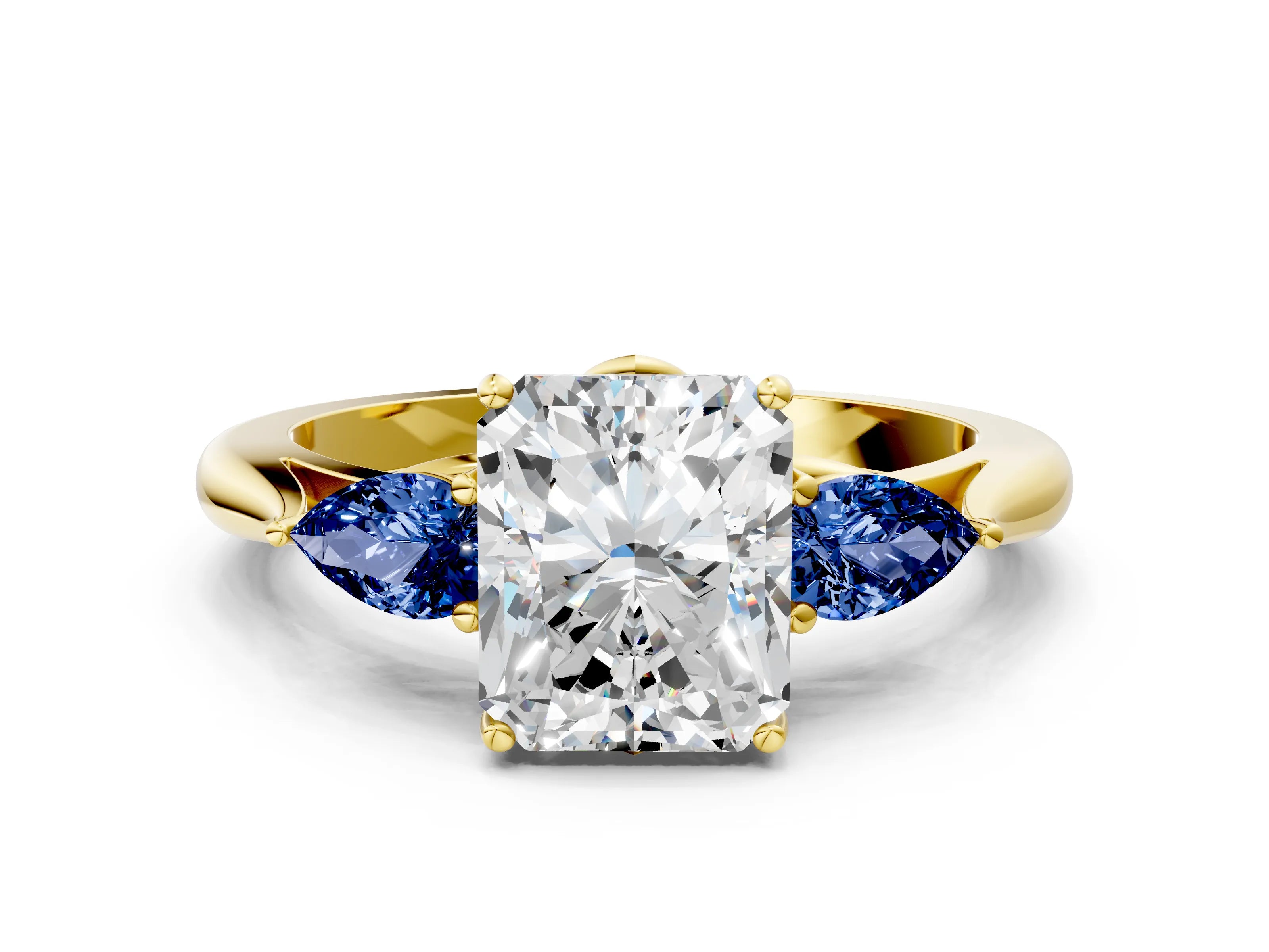 Yellow gold Radiant Cut Diamond Three-Stone Ring with Pear with Blue Sapphire side stone Side Stones and Prong Setting