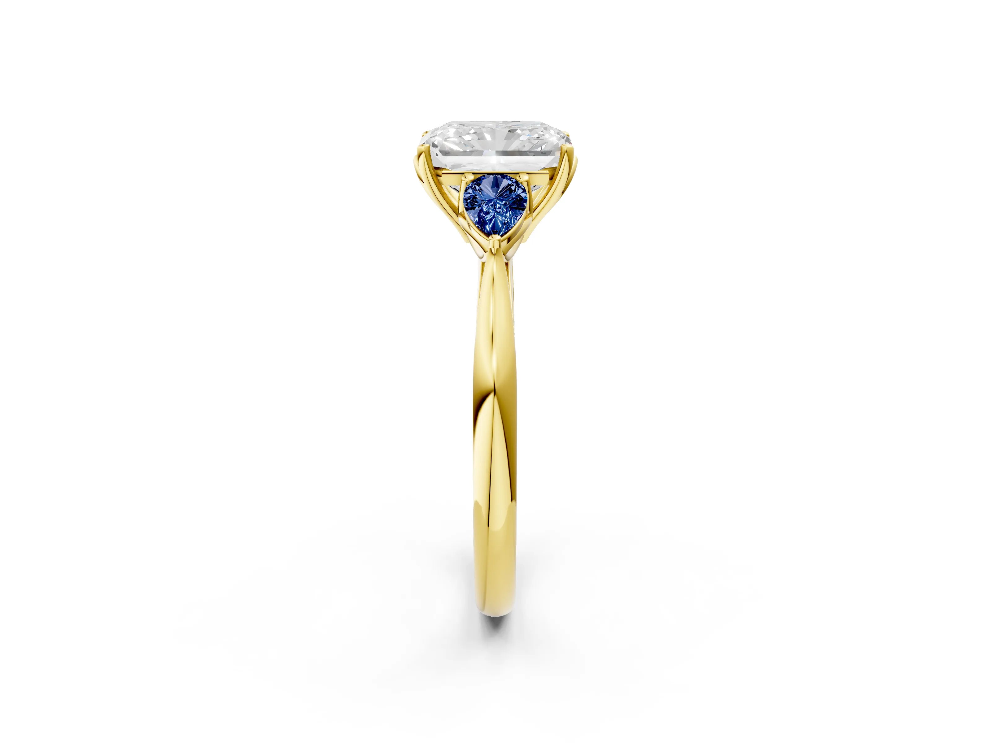 Yellow gold Radiant Cut Diamond Three-Stone Ring with Pear with Blue Sapphire side stone Side Stones and Prong Setting_2