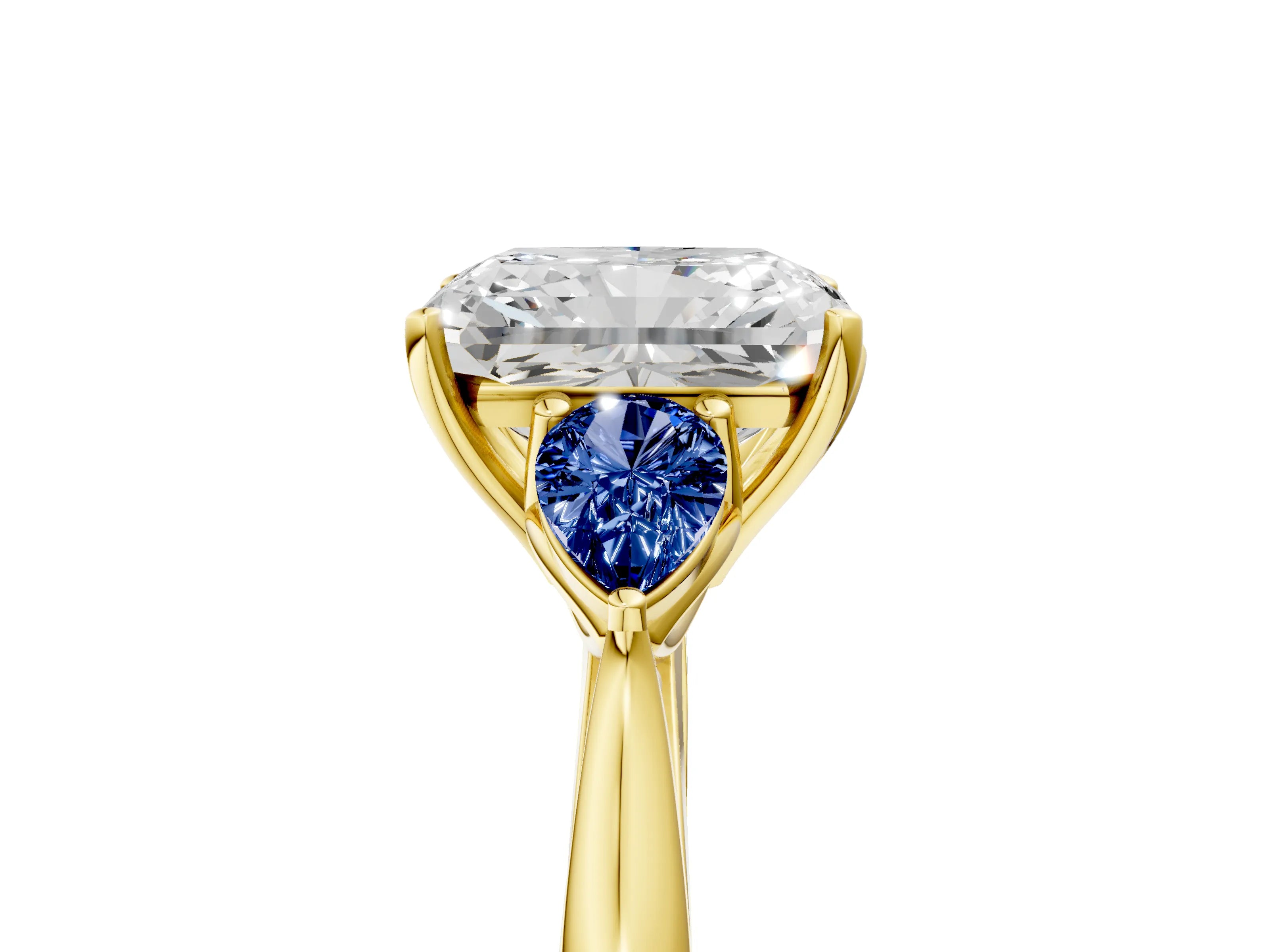 Yellow gold Radiant Cut Diamond Three-Stone Ring with Pear with Blue Sapphire side stone Side Stones and Prong Setting_5
