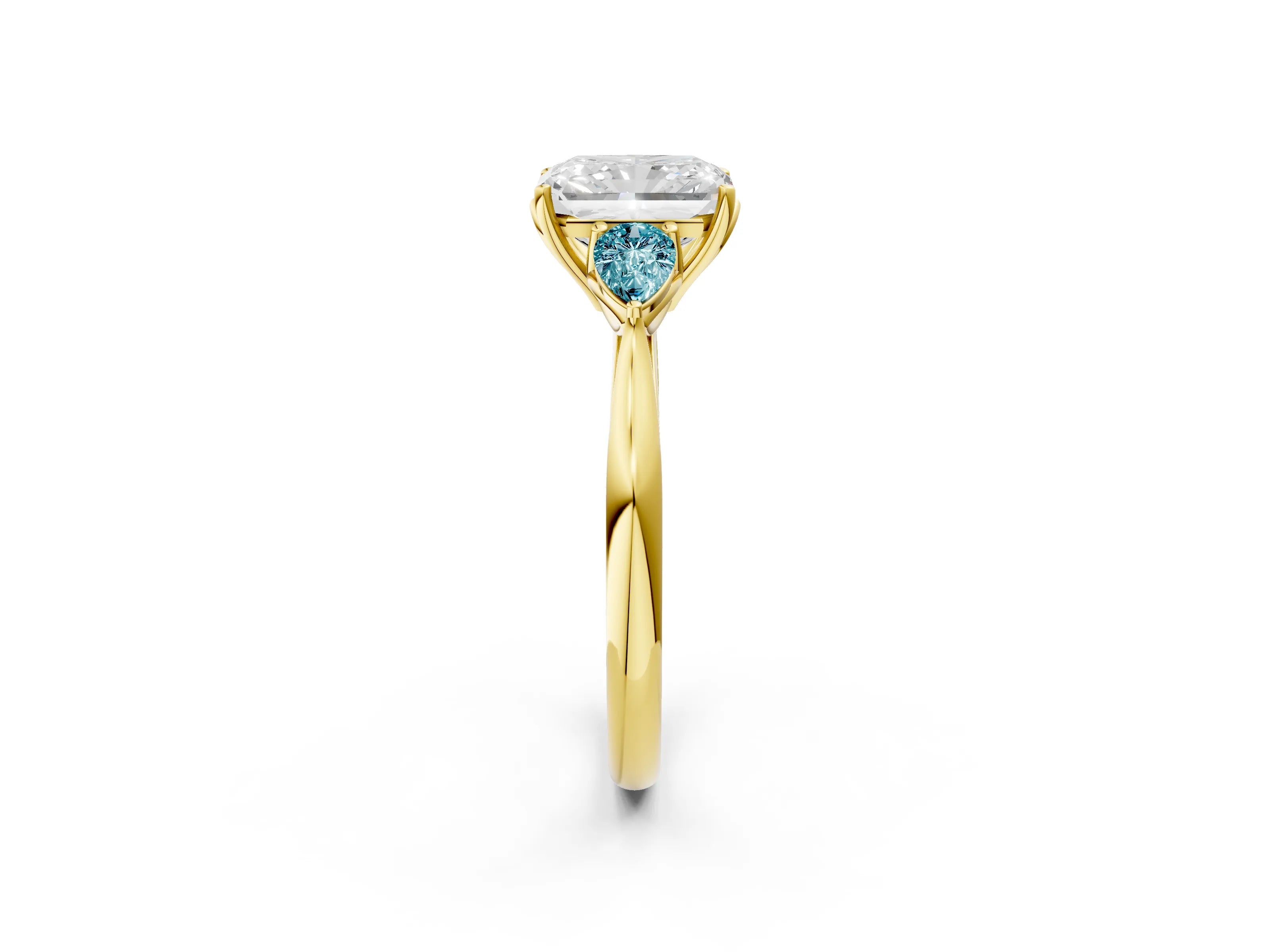 Yellow gold Radiant Cut Diamond Three-Stone Ring with Pear with Blue Topaz side stone Side Stones and Prong Setting_2
