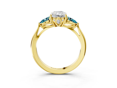 Yellow gold Radiant Cut Diamond Three-Stone Ring with Pear with Blue Topaz side stone Side Stones and Prong Setting_3