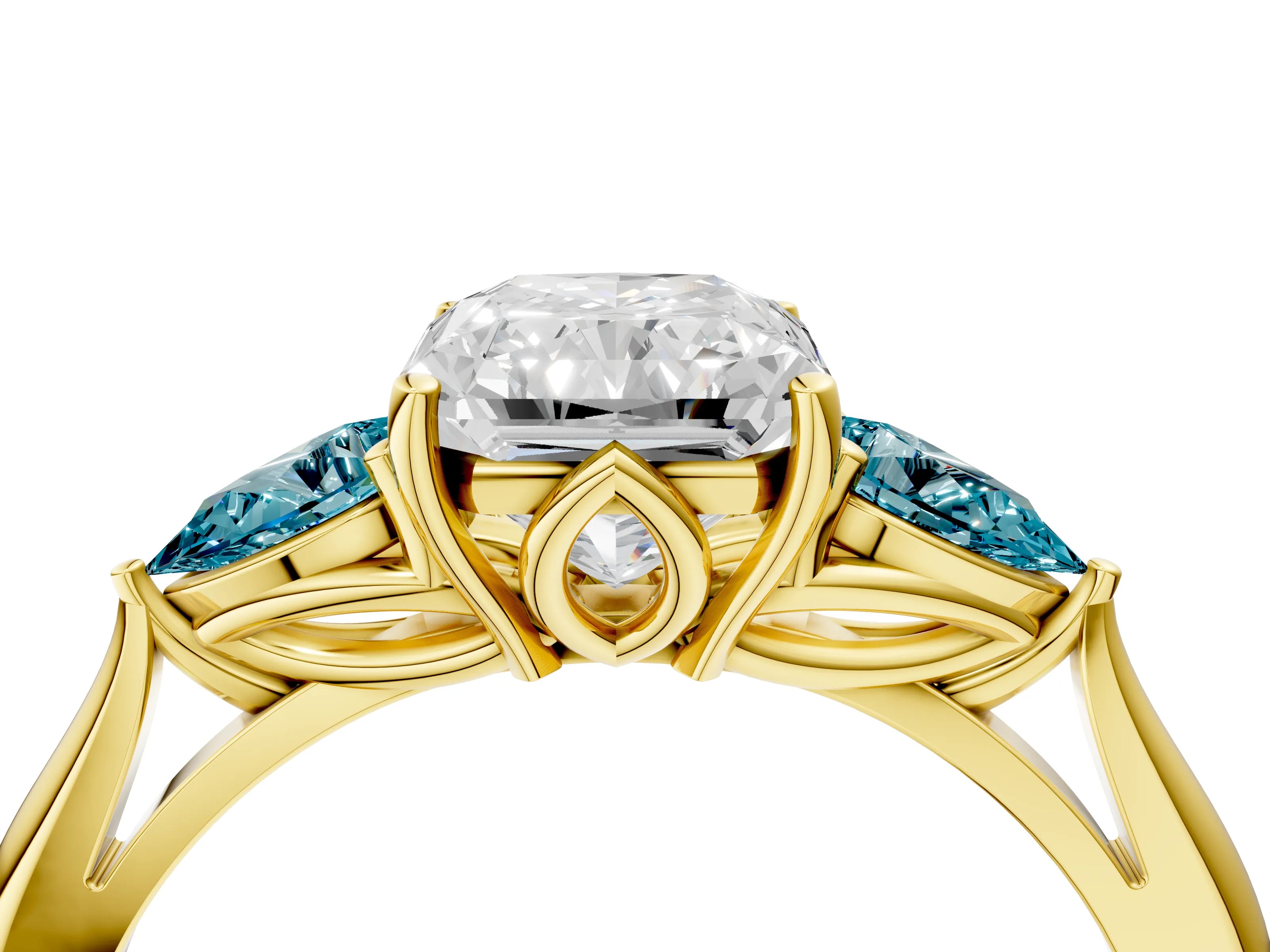 Yellow gold Radiant Cut Diamond Three-Stone Ring with Pear with Blue Topaz side stone Side Stones and Prong Setting_4