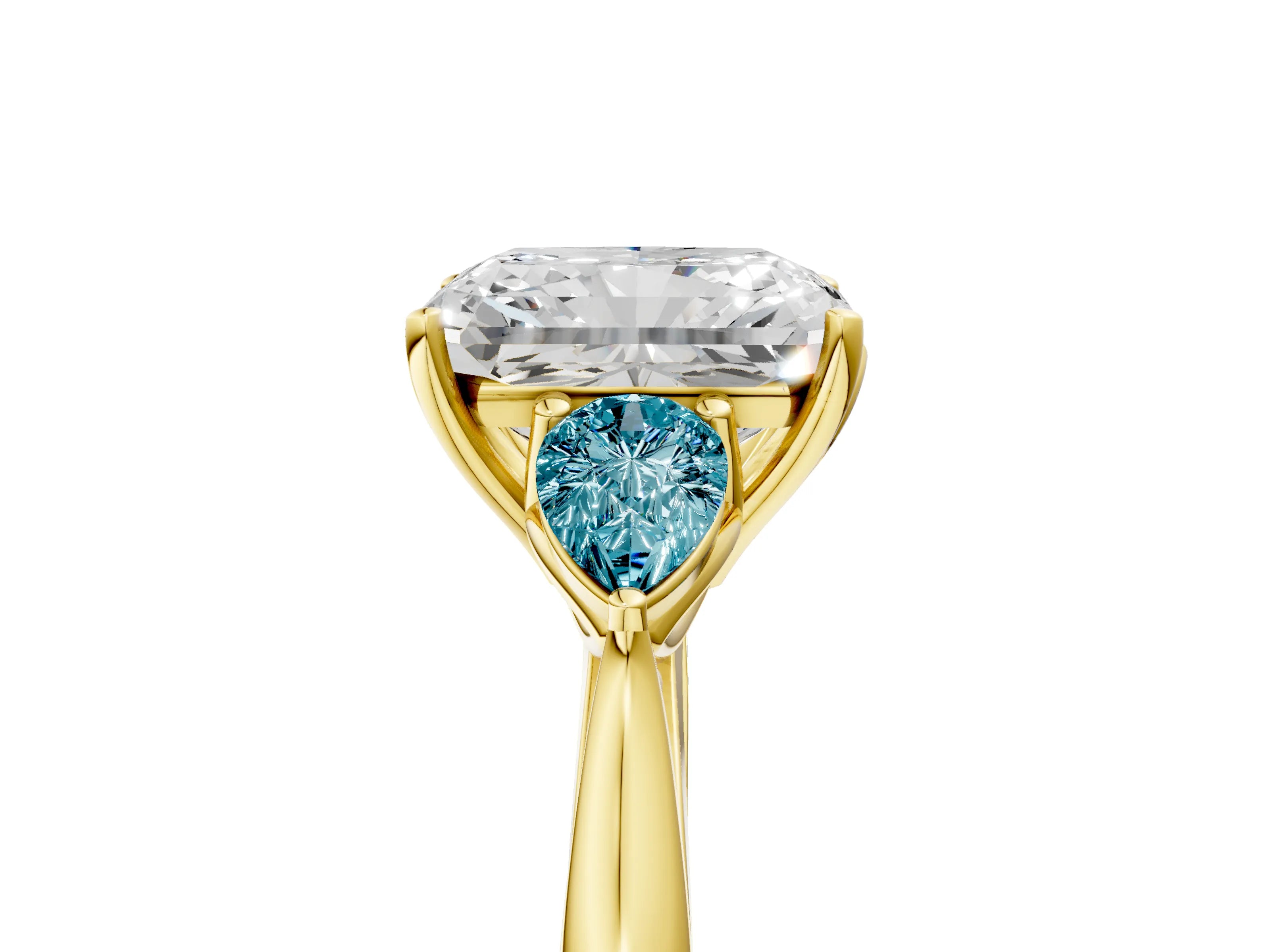 Yellow gold Radiant Cut Diamond Three-Stone Ring with Pear with Blue Topaz side stone Side Stones and Prong Setting_5