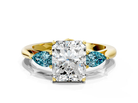 Yellow gold Radiant Cut Diamond Three-Stone Ring with Pear with Blue Topaz side stone Side Stones and Prong Setting