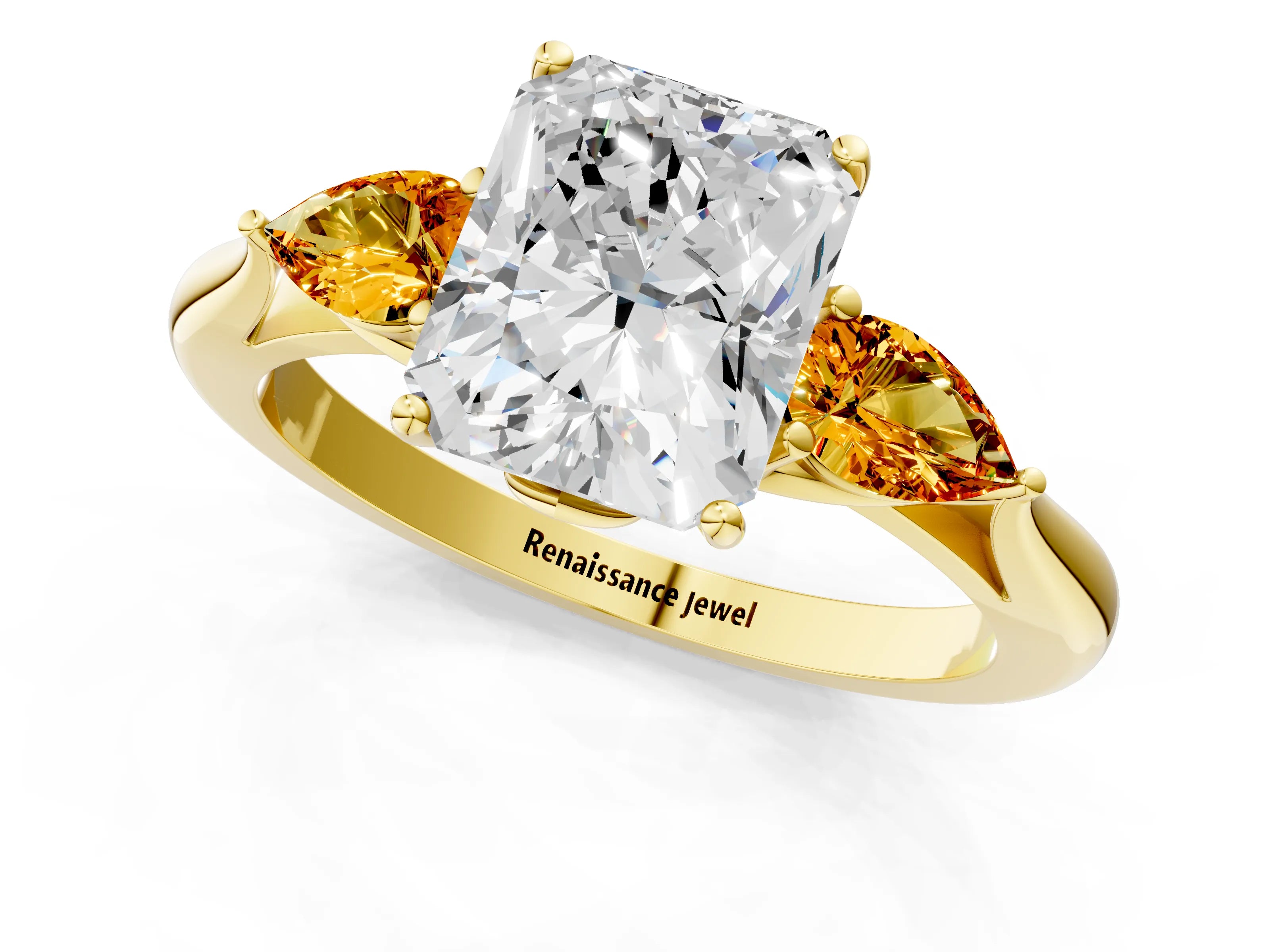 Yellow gold Radiant Cut Diamond Three-Stone Ring with Pear with Citrine side stone Side Stones and Prong Setting_1