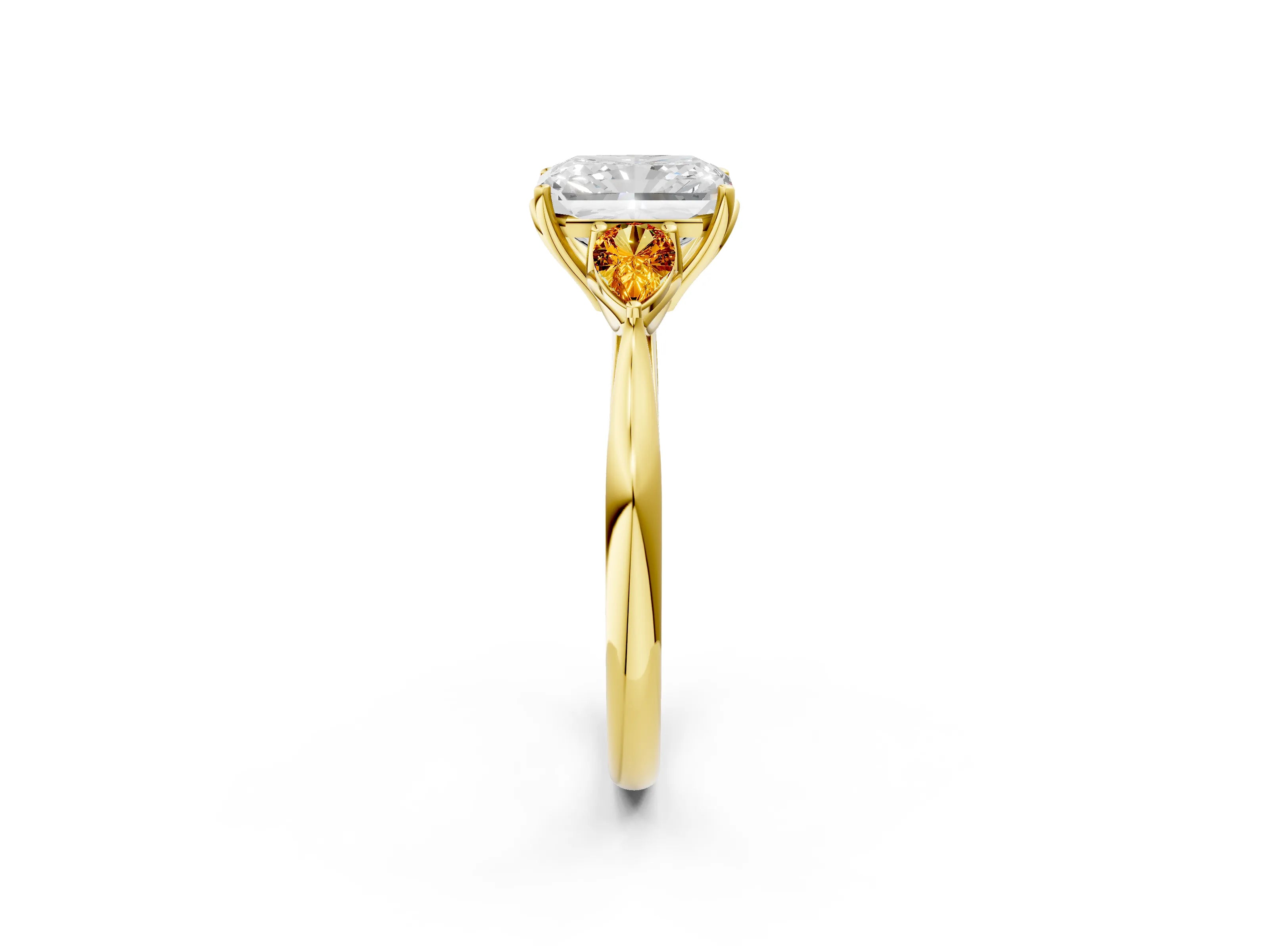 Yellow gold Radiant Cut Diamond Three-Stone Ring with Pear with Citrine side stone Side Stones and Prong Setting_2