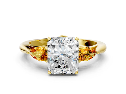 Yellow gold Radiant Cut Diamond Three-Stone Ring with Pear with Citrine side stone Side Stones and Prong Setting