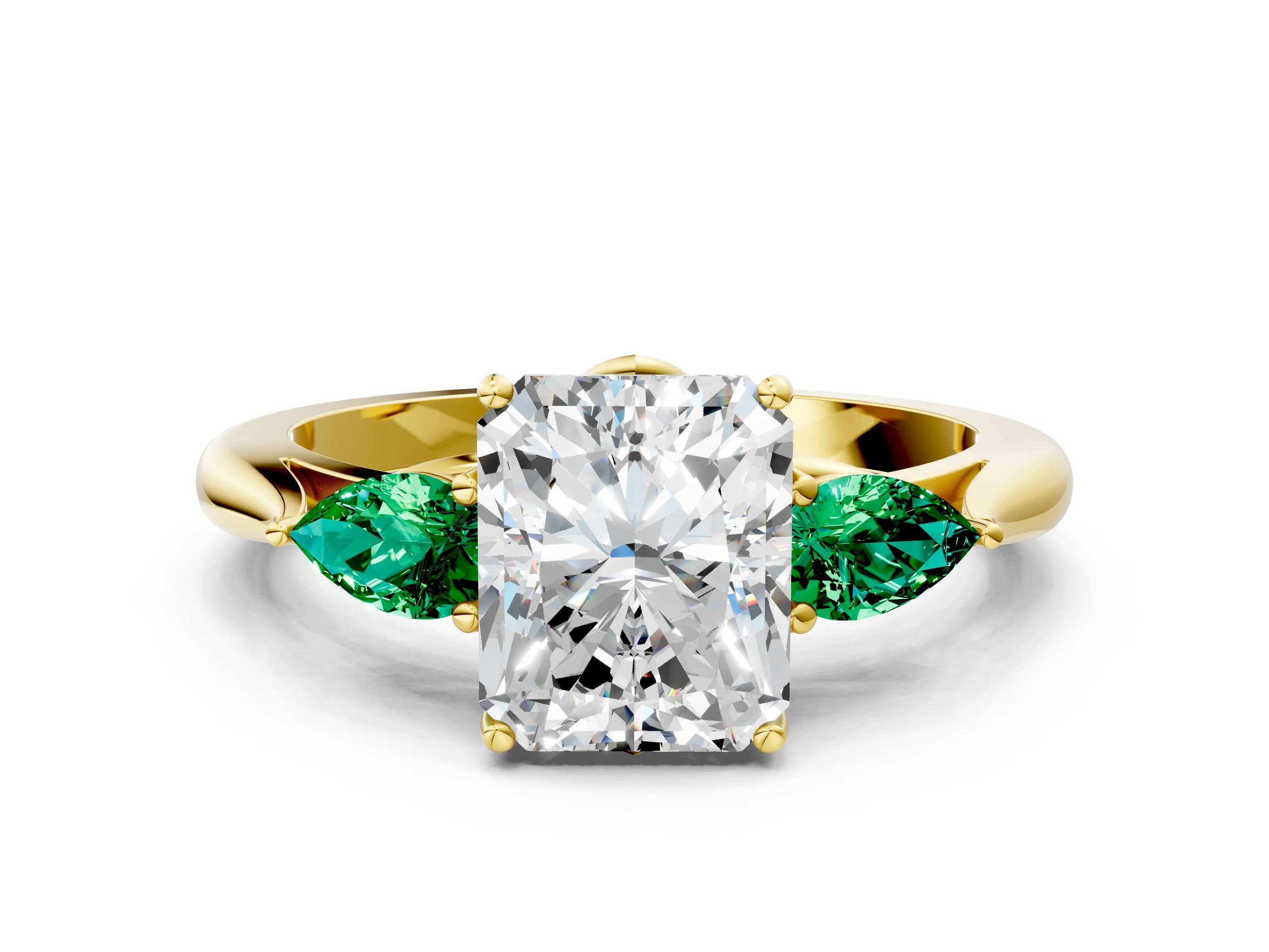 Yellow gold Radiant Cut Diamond Three-Stone Ring with Pear with Emerald side stone Side Stones and Prong Setting