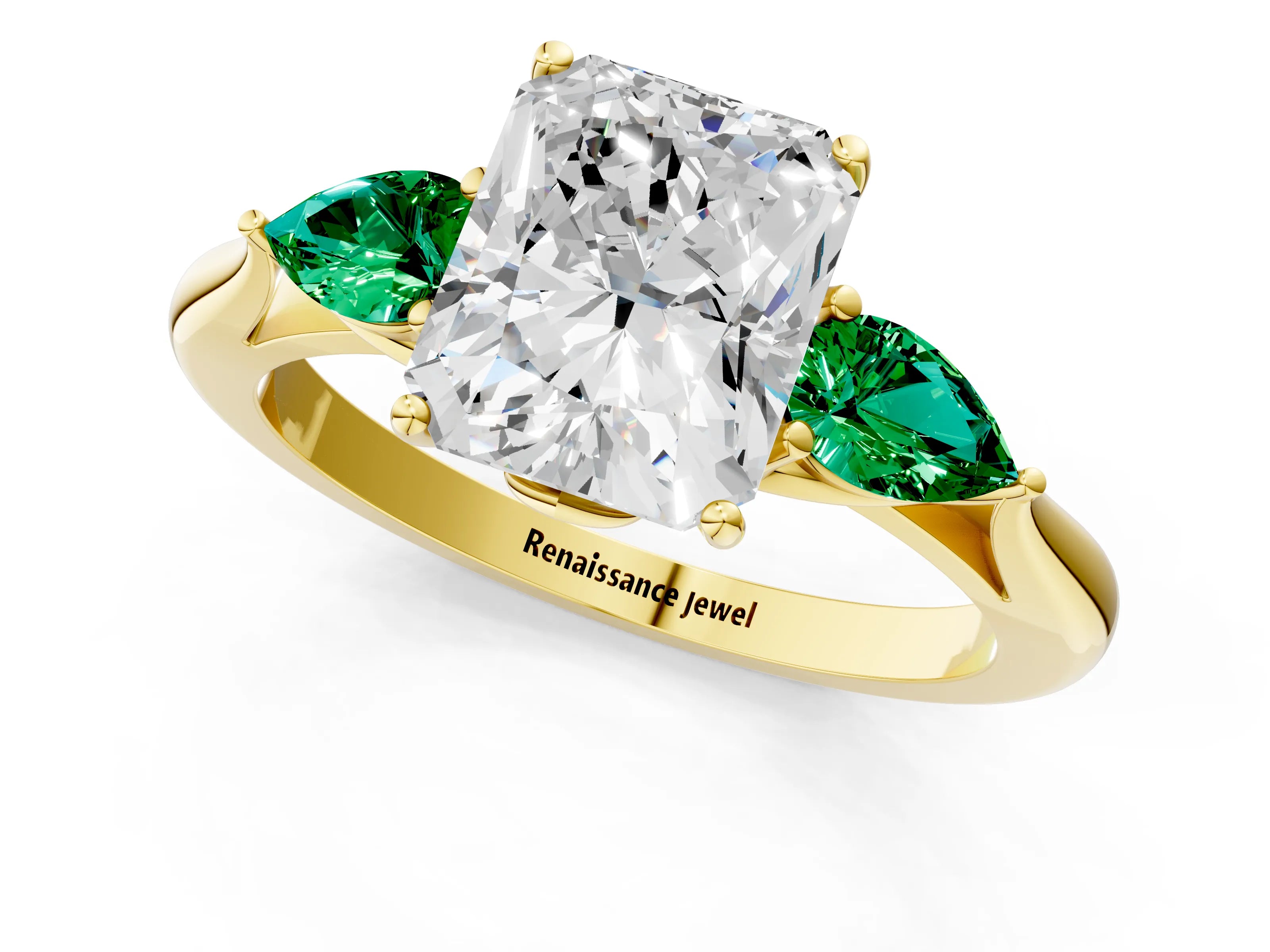 Yellow gold Radiant Cut Diamond Three-Stone Ring with Pear with Emerald side stone Side Stones and Prong Setting_1