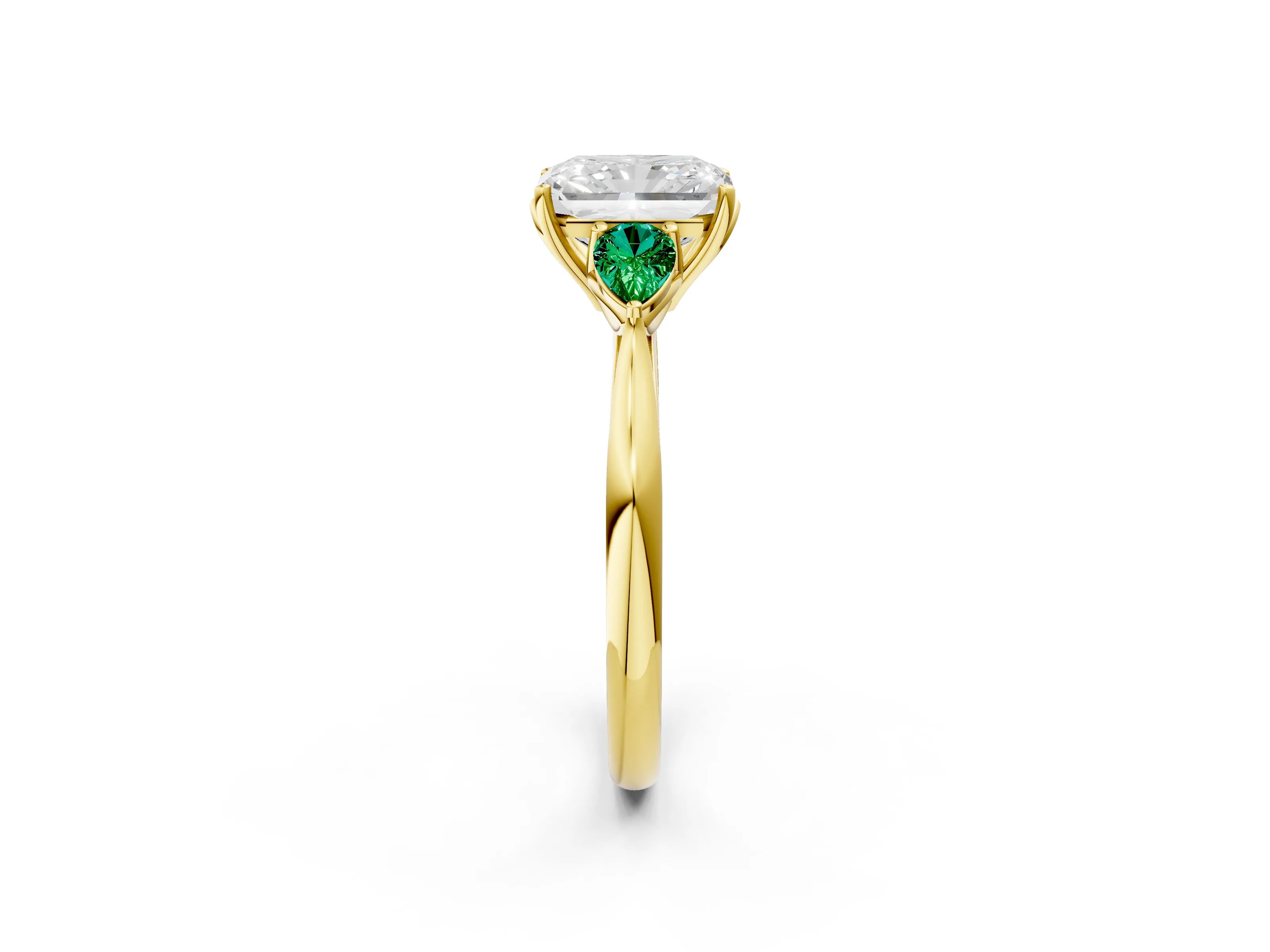 Yellow gold Radiant Cut Diamond Three-Stone Ring with Pear with Emerald side stone Side Stones and Prong Setting_2