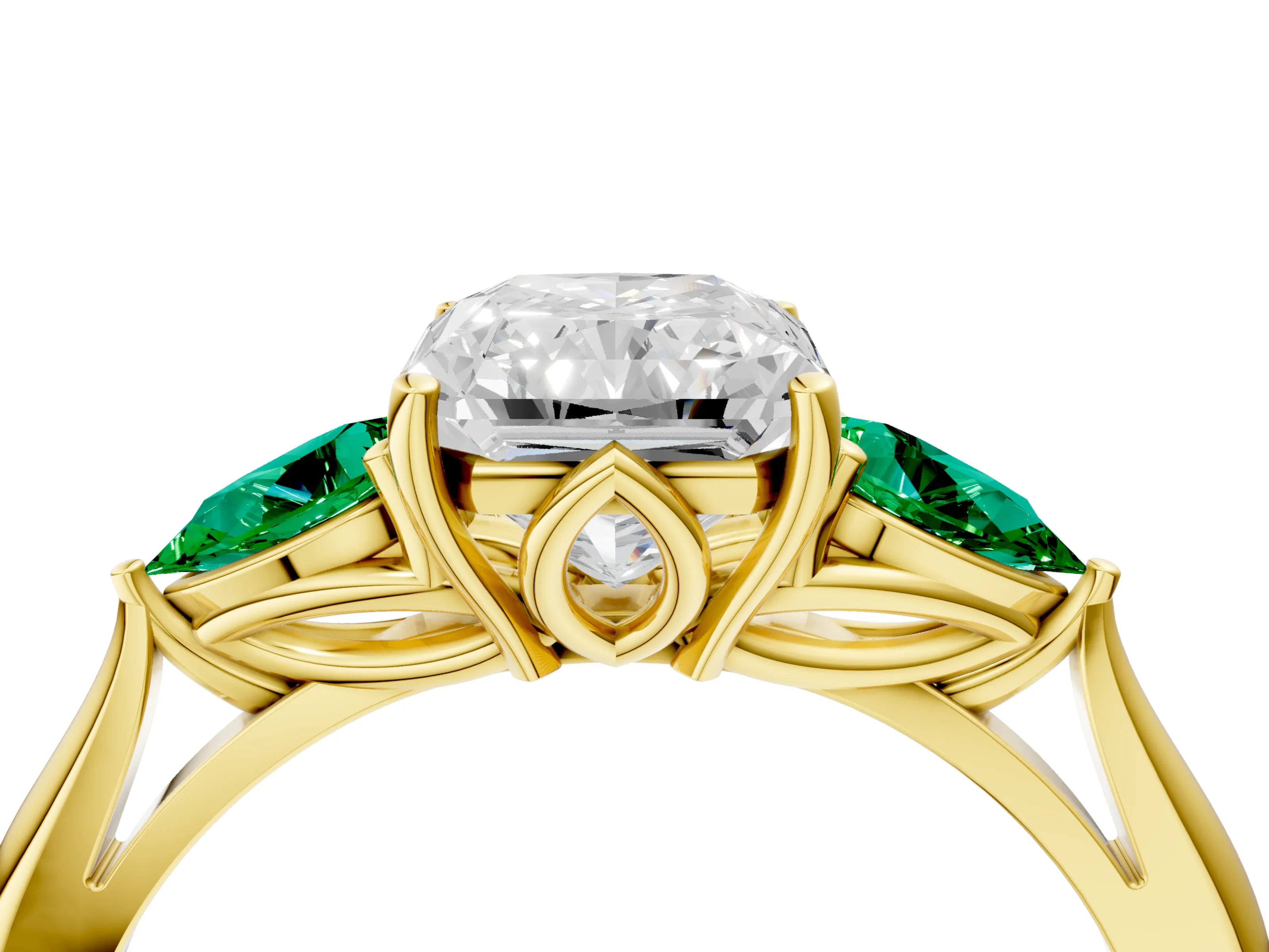 Yellow gold Radiant Cut Diamond Three-Stone Ring with Pear with Emerald side stone Side Stones and Prong Setting_4