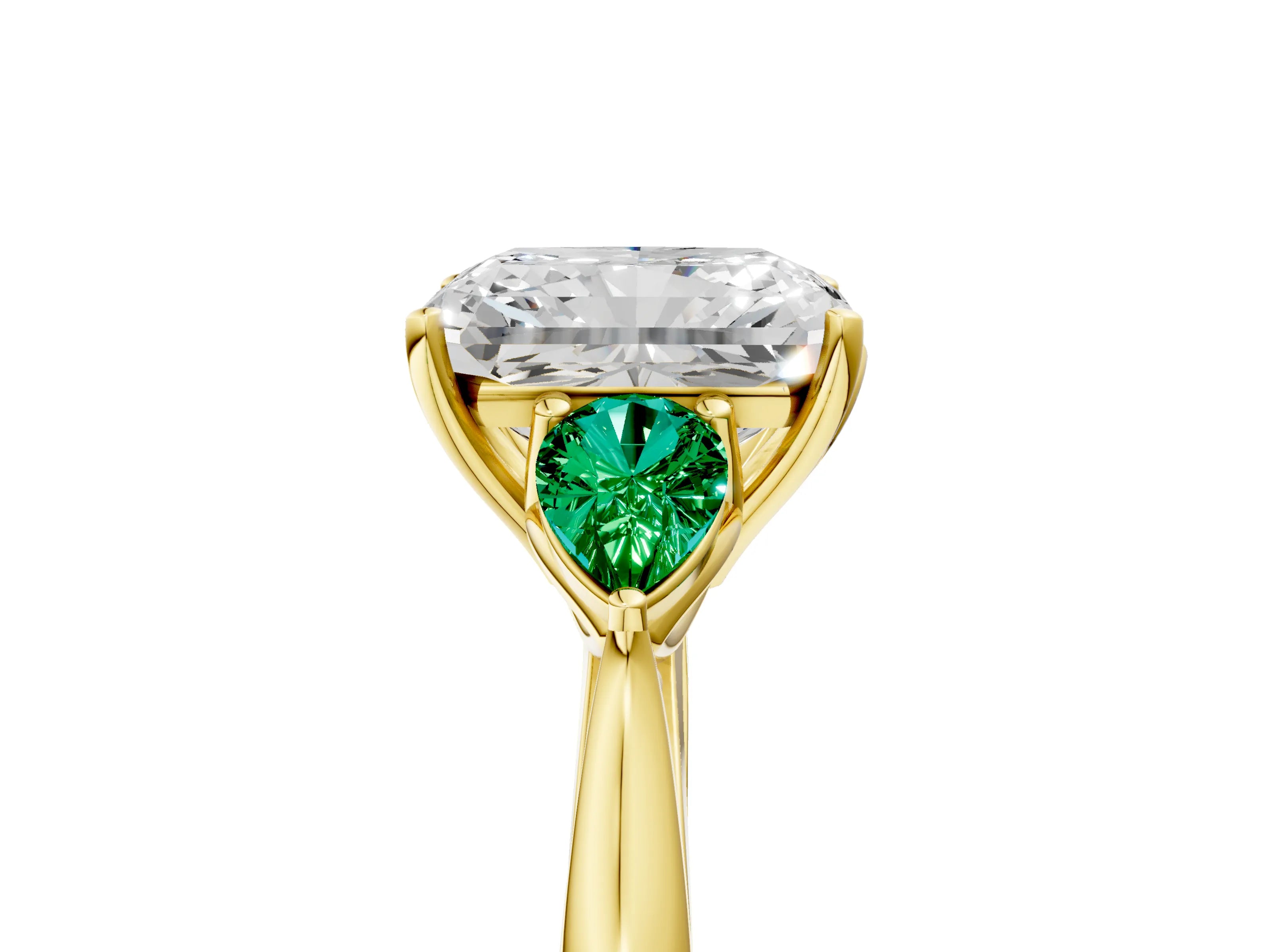Yellow gold Radiant Cut Diamond Three-Stone Ring with Pear with Emerald side stone Side Stones and Prong Setting_5
