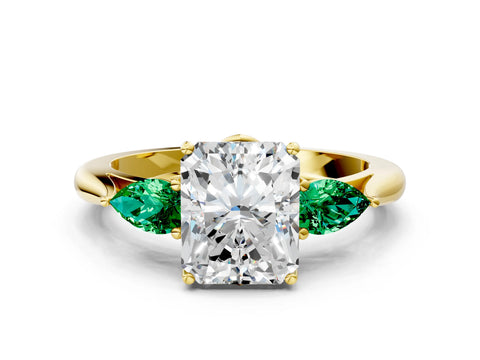 Yellow gold Radiant Cut Diamond Three-Stone Ring with Pear with Emerald side stone Side Stones and Prong Setting