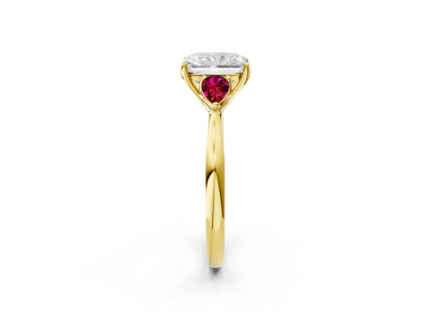 Yellow gold Radiant Cut Diamond Three-Stone Ring with Pear with Garnet side stone Side Stones and Prong Setting_2