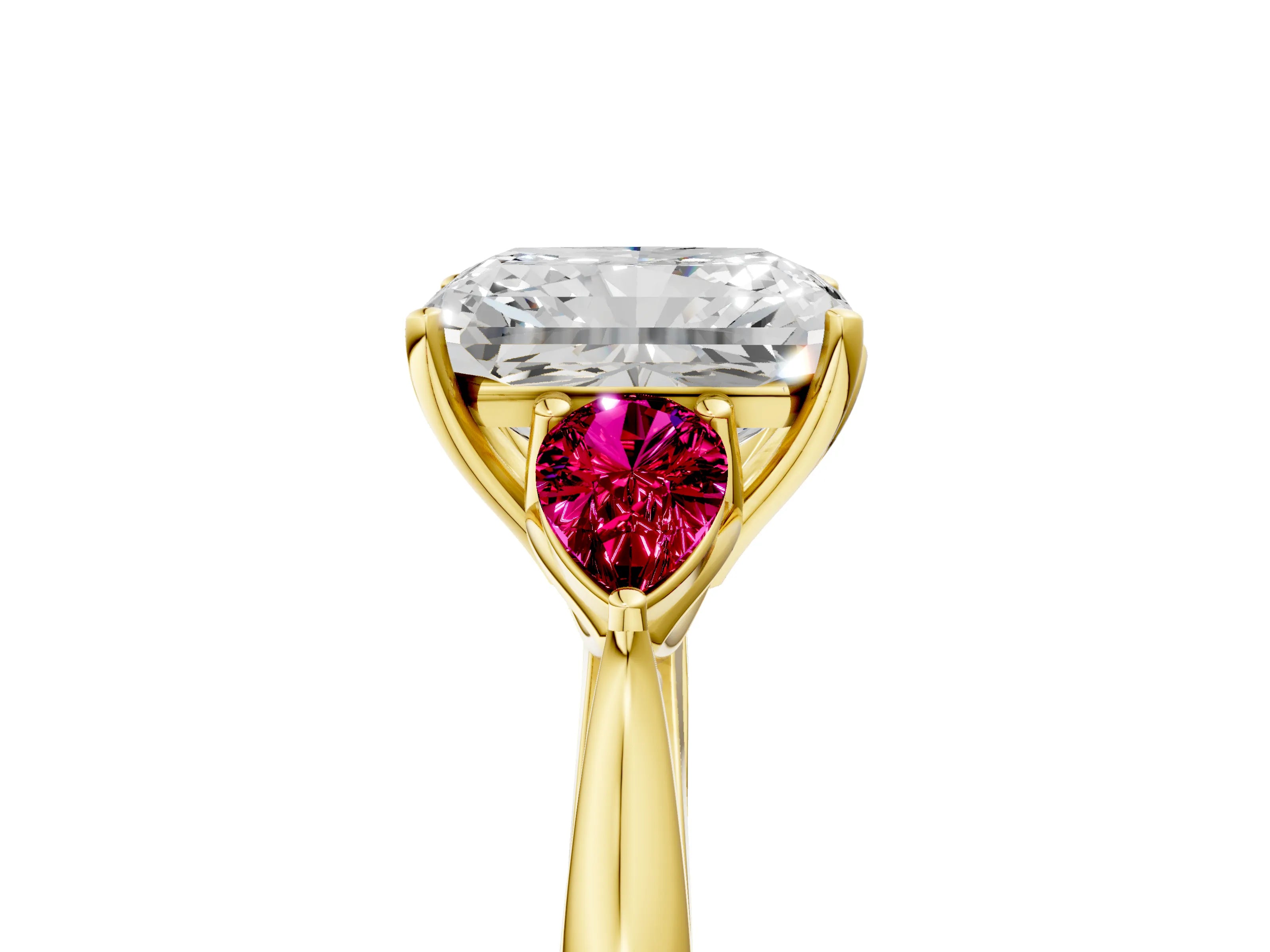 Yellow gold Radiant Cut Diamond Three-Stone Ring with Pear with Garnet side stone Side Stones and Prong Setting_5