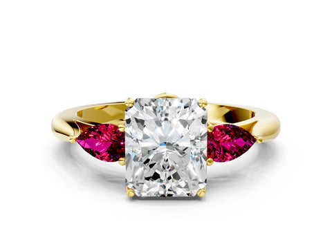 Yellow gold Radiant Cut Diamond Three-Stone Ring with Pear with Garnet side stone Side Stones and Prong Setting