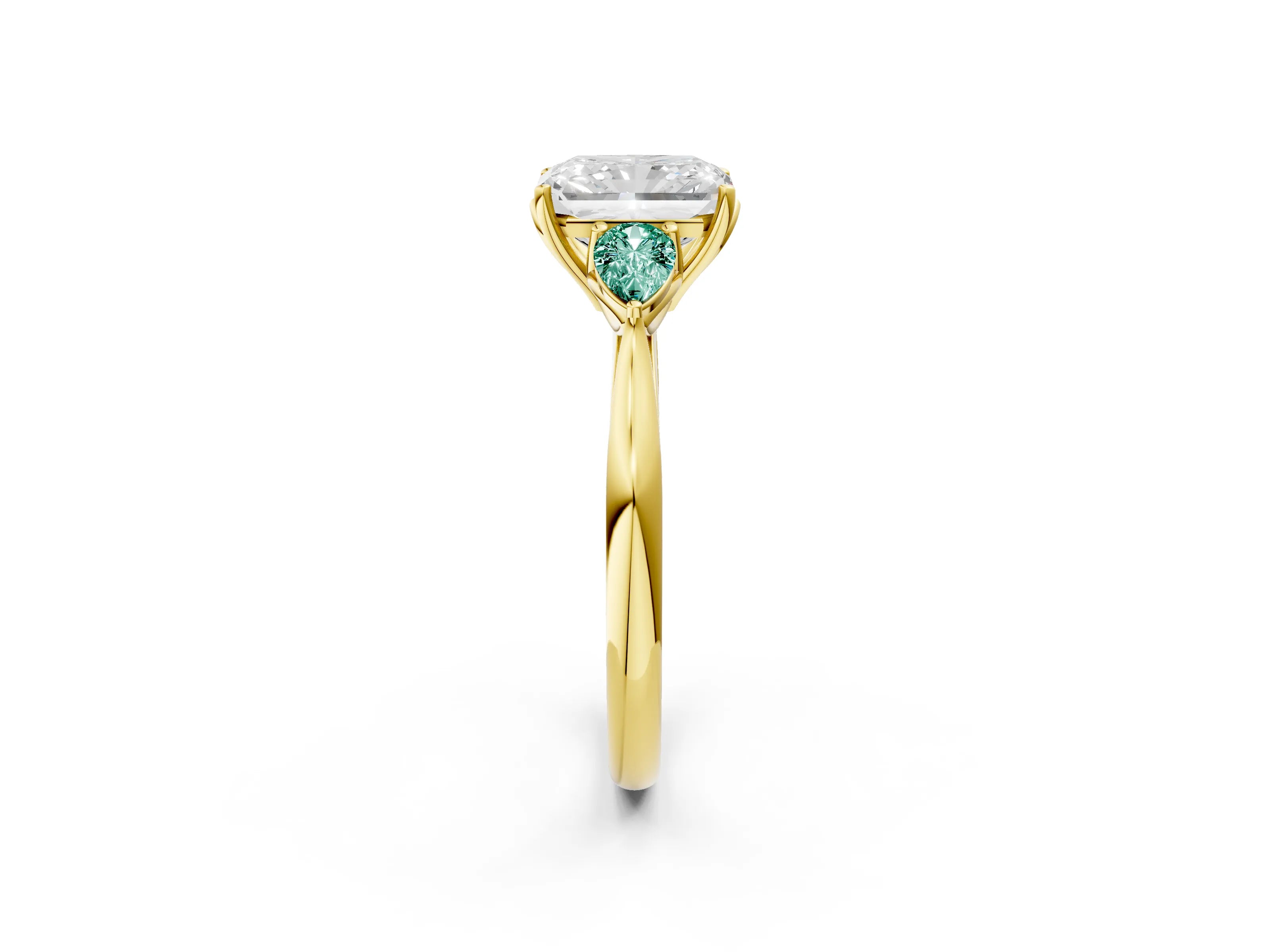 Yellow gold Radiant Cut Diamond Three-Stone Ring with Pear with Green Sapphire side stone Side Stones and Prong Setting_2