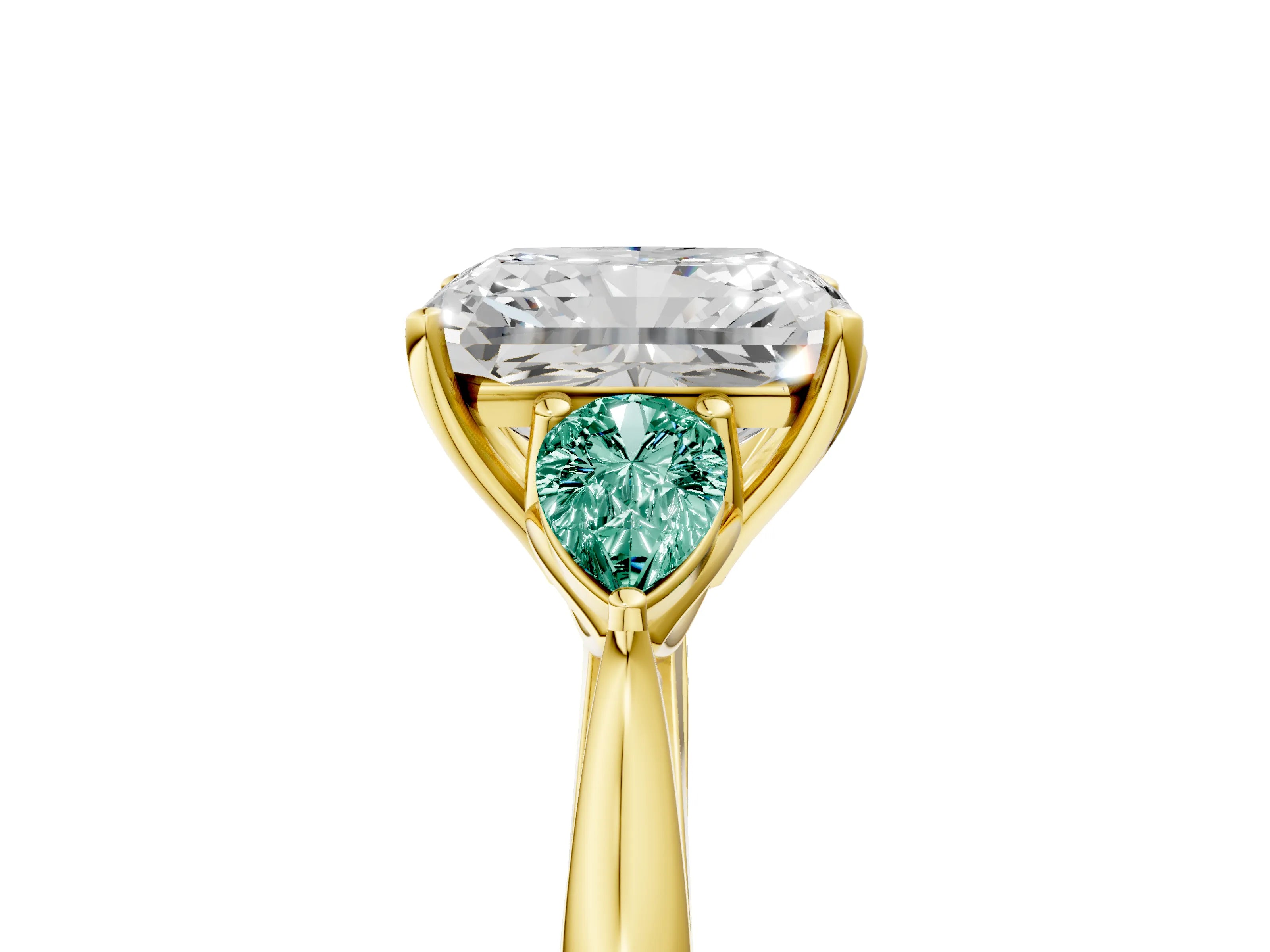 Yellow gold Radiant Cut Diamond Three-Stone Ring with Pear with Green Sapphire side stone Side Stones and Prong Setting_5