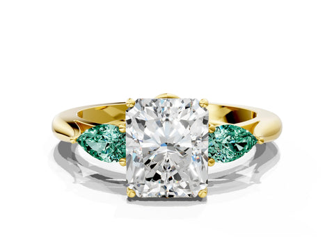 Yellow gold Radiant Cut Diamond Three-Stone Ring with Pear with Green Sapphire side stone Side Stones and Prong Setting