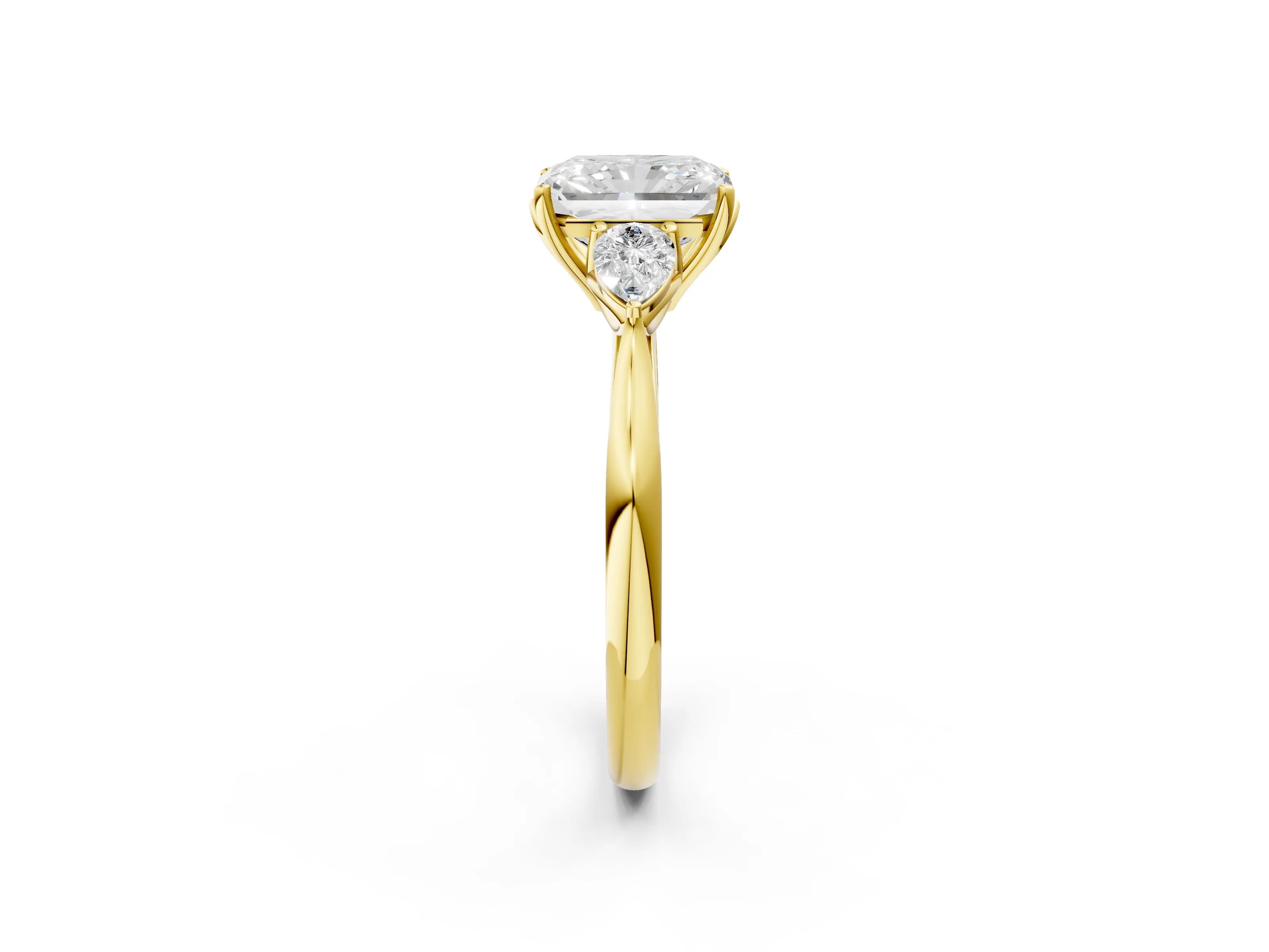 Yellow gold Radiant Cut Diamond Three-Stone Ring with Pear with Moissanite side stone Side Stones and Prong Setting_2