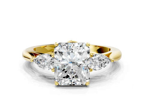 Yellow gold Radiant Cut Diamond Three-Stone Ring with Pear with Moissanite side stone Side Stones and Prong Setting