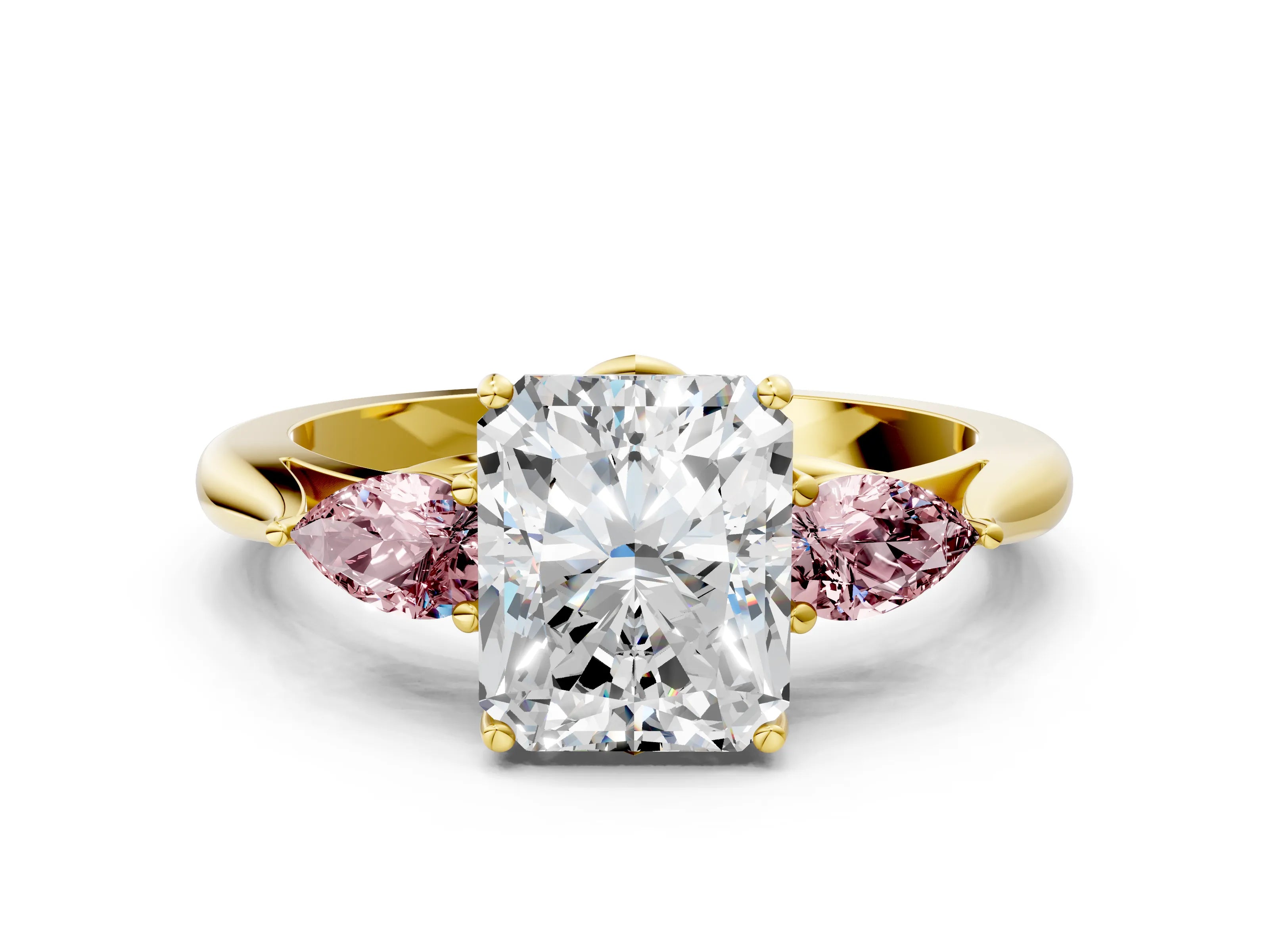 Yellow gold Radiant Cut Diamond Three-Stone Ring with Pear with Morganite side stone Side Stones and Prong Setting