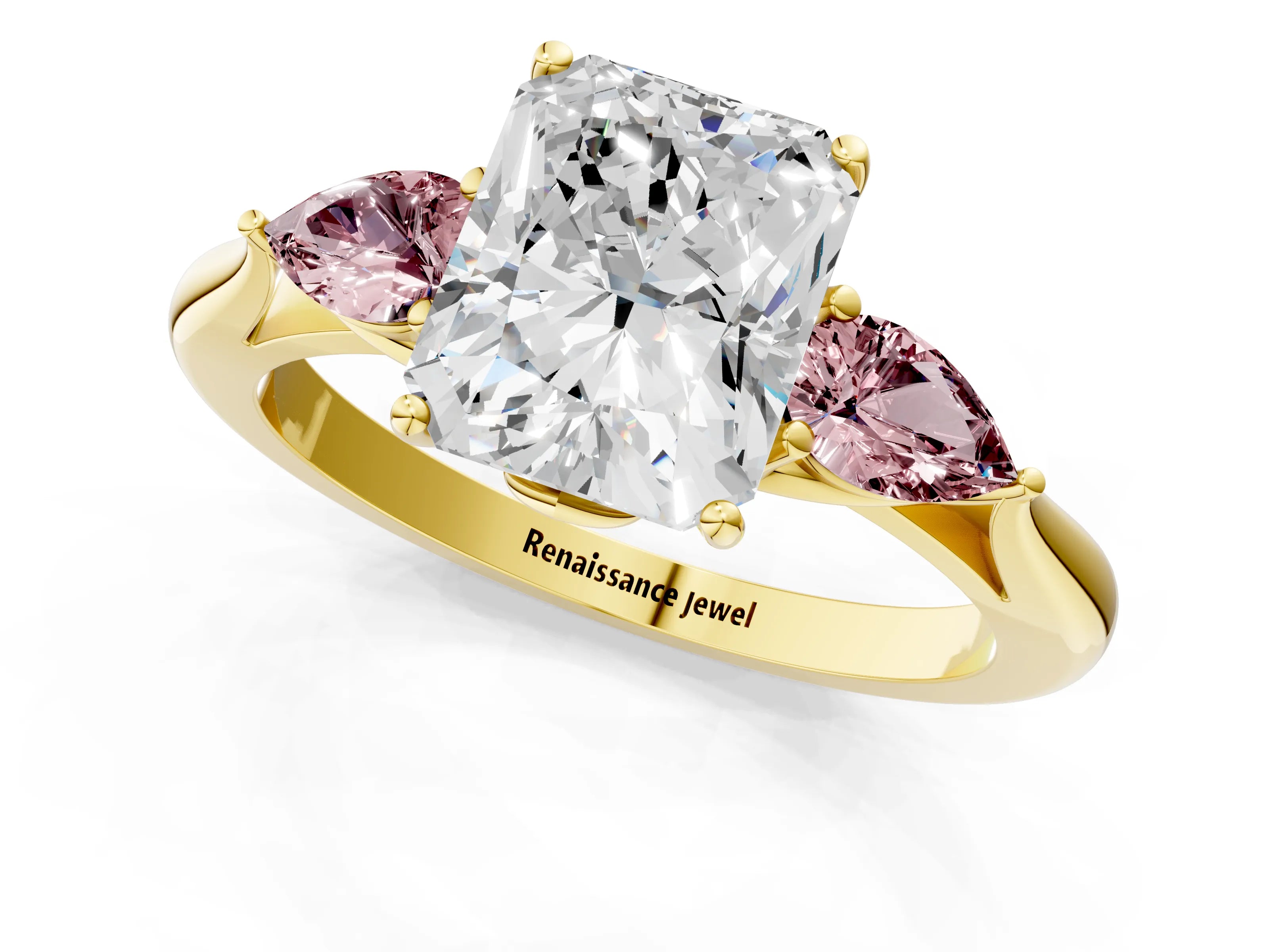 Yellow gold Radiant Cut Diamond Three-Stone Ring with Pear with Morganite side stone Side Stones and Prong Setting_1