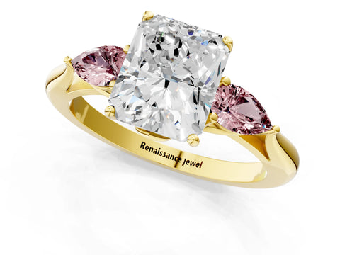 Yellow gold Radiant Cut Diamond Three-Stone Ring with Pear with Morganite side stone Side Stones and Prong Setting_1