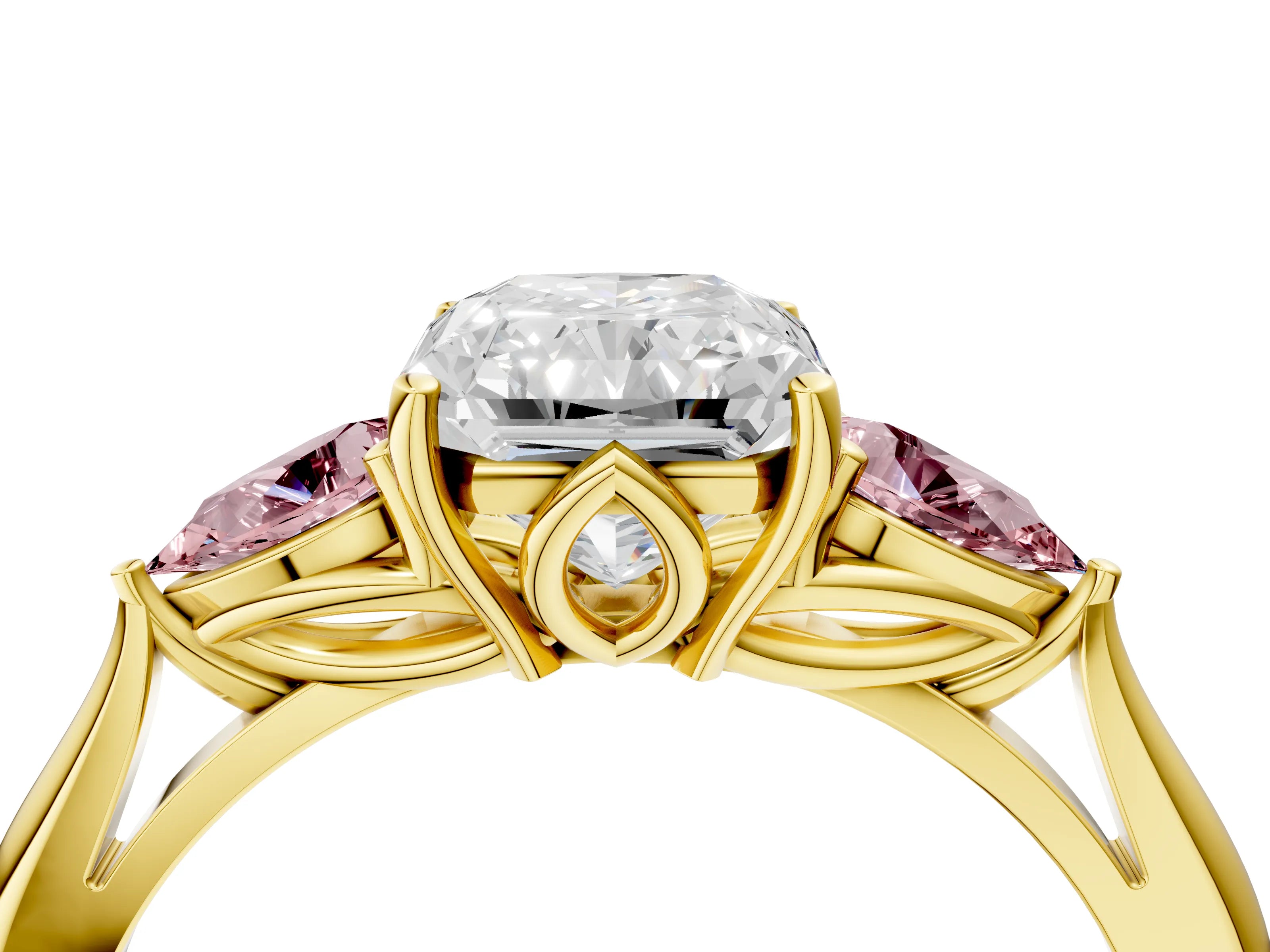 Yellow gold Radiant Cut Diamond Three-Stone Ring with Pear with Morganite side stone Side Stones and Prong Setting_4