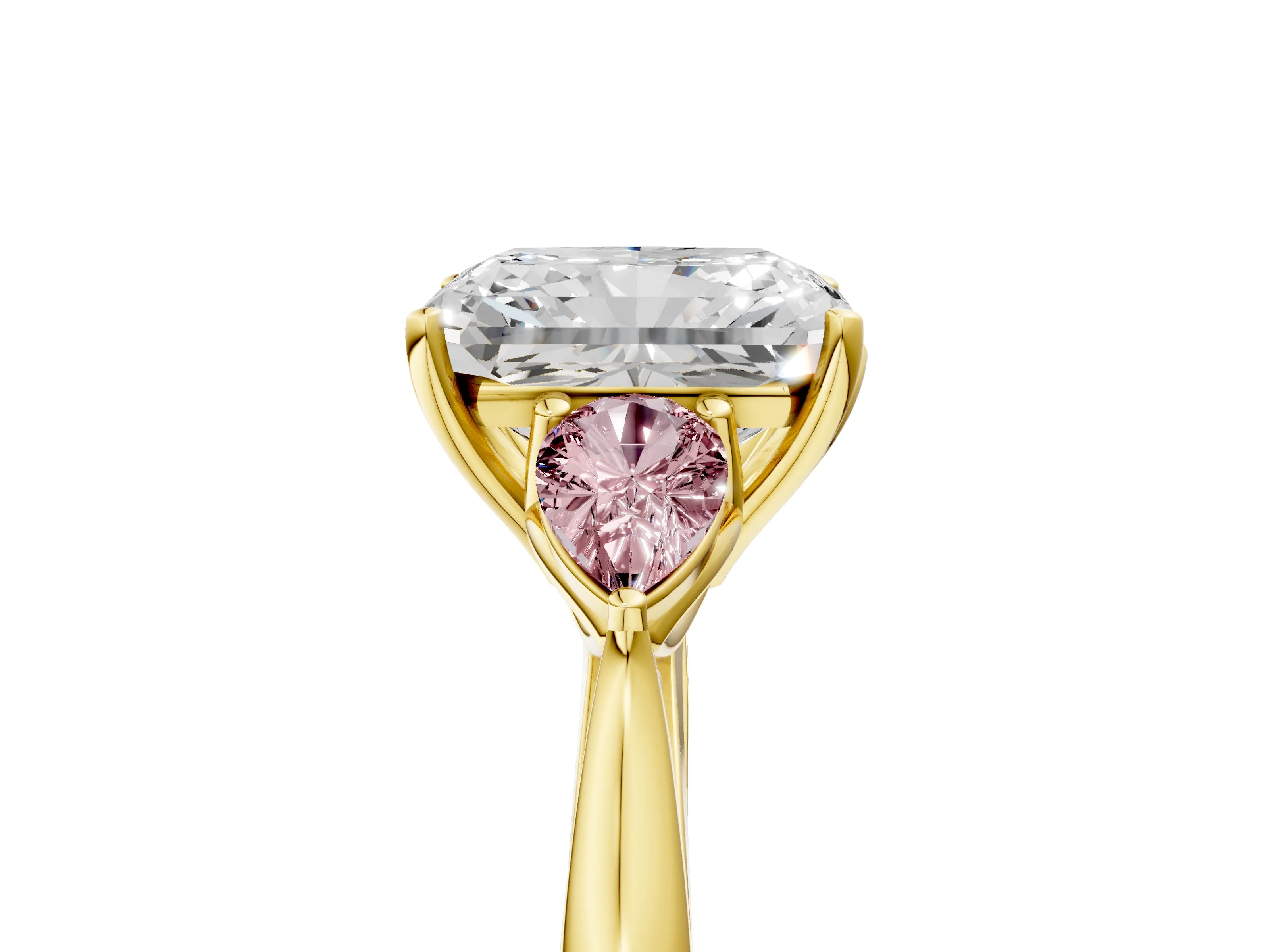 Yellow gold Radiant Cut Diamond Three-Stone Ring with Pear with Morganite side stone Side Stones and Prong Setting_5