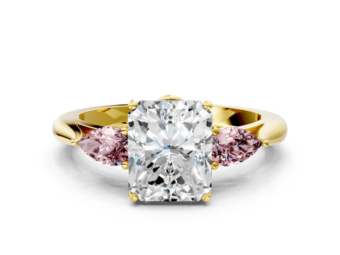 Yellow gold Radiant Cut Diamond Three-Stone Ring with Pear with Morganite side stone Side Stones and Prong Setting