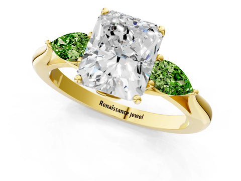 Yellow gold Radiant Cut Diamond Three-Stone Ring with Pear with Peridot side stone Side Stones and Prong Setting_1