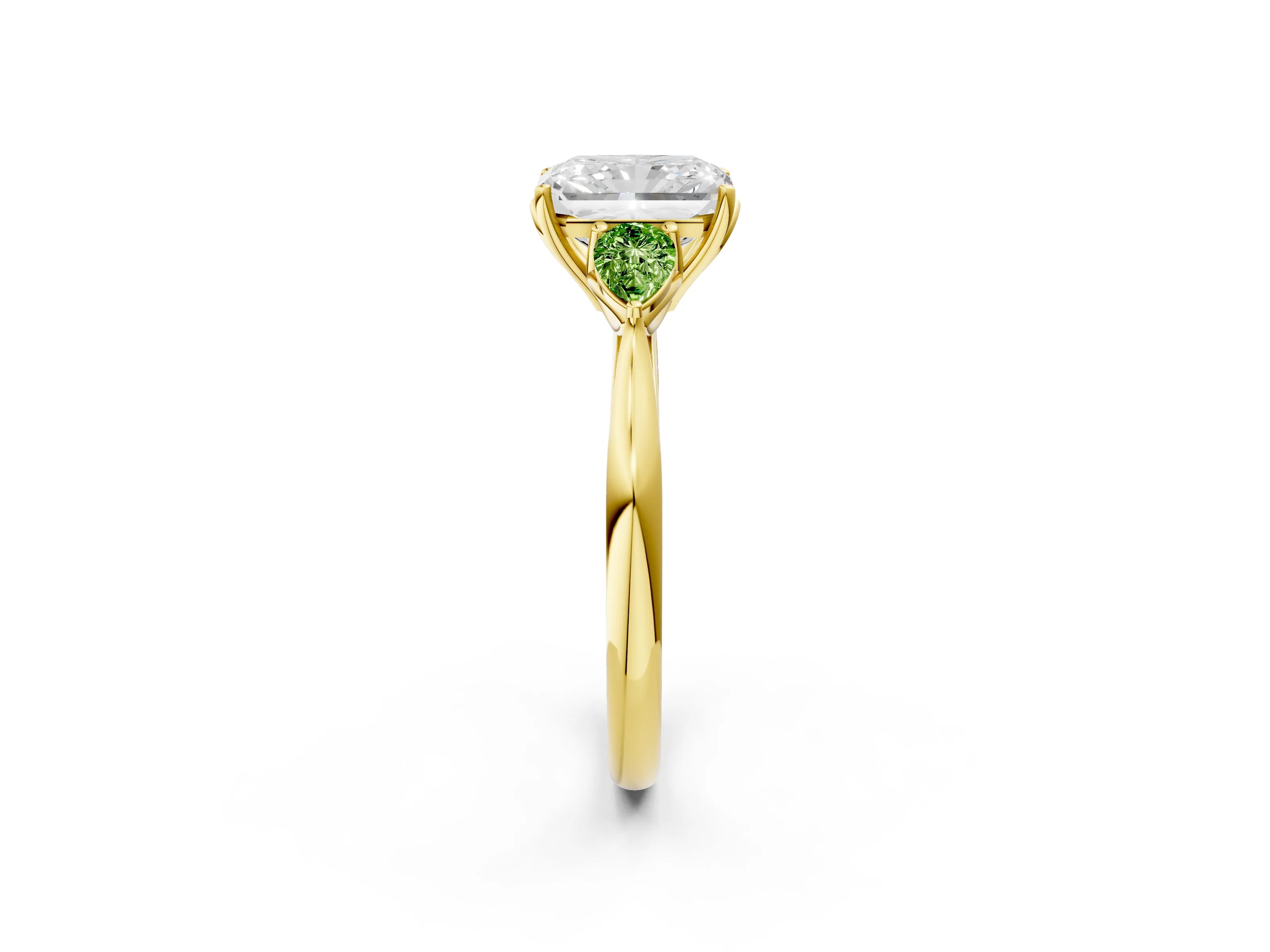 Yellow gold Radiant Cut Diamond Three-Stone Ring with Pear with Peridot side stone Side Stones and Prong Setting_2