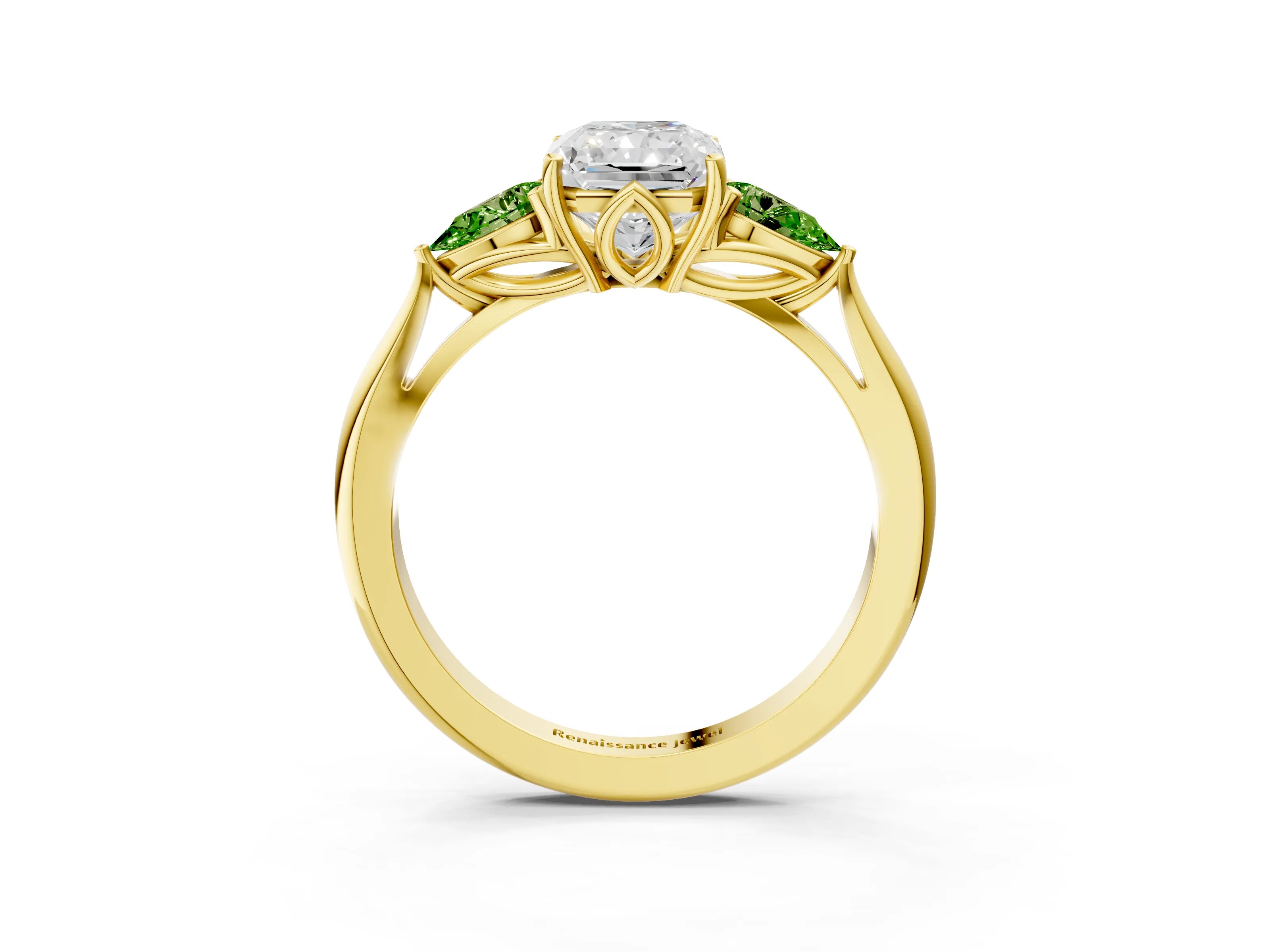 Yellow gold Radiant Cut Diamond Three-Stone Ring with Pear with Peridot side stone Side Stones and Prong Setting_3